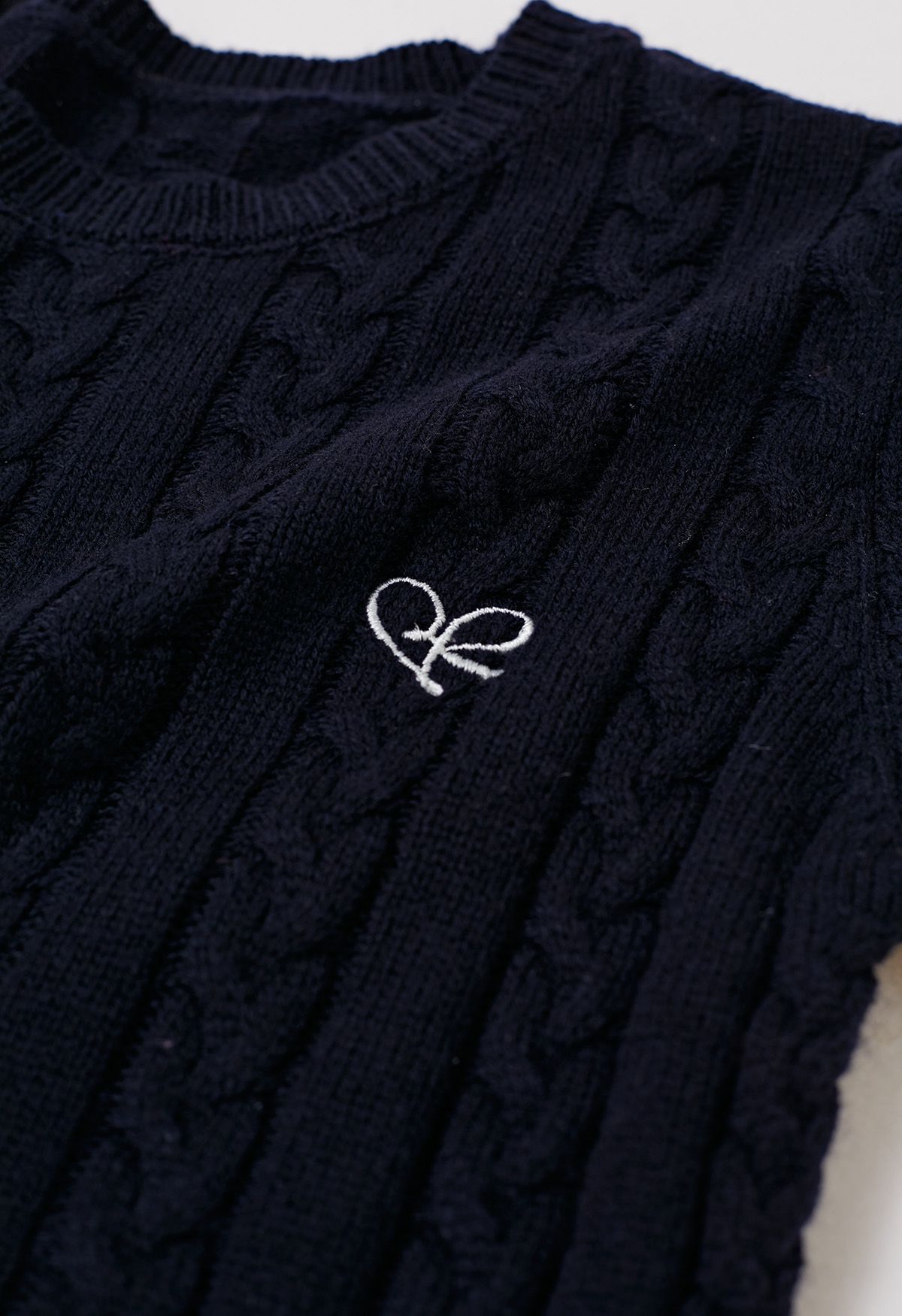 Embroidered Heart Braided Short-Sleeve Sweater in Navy