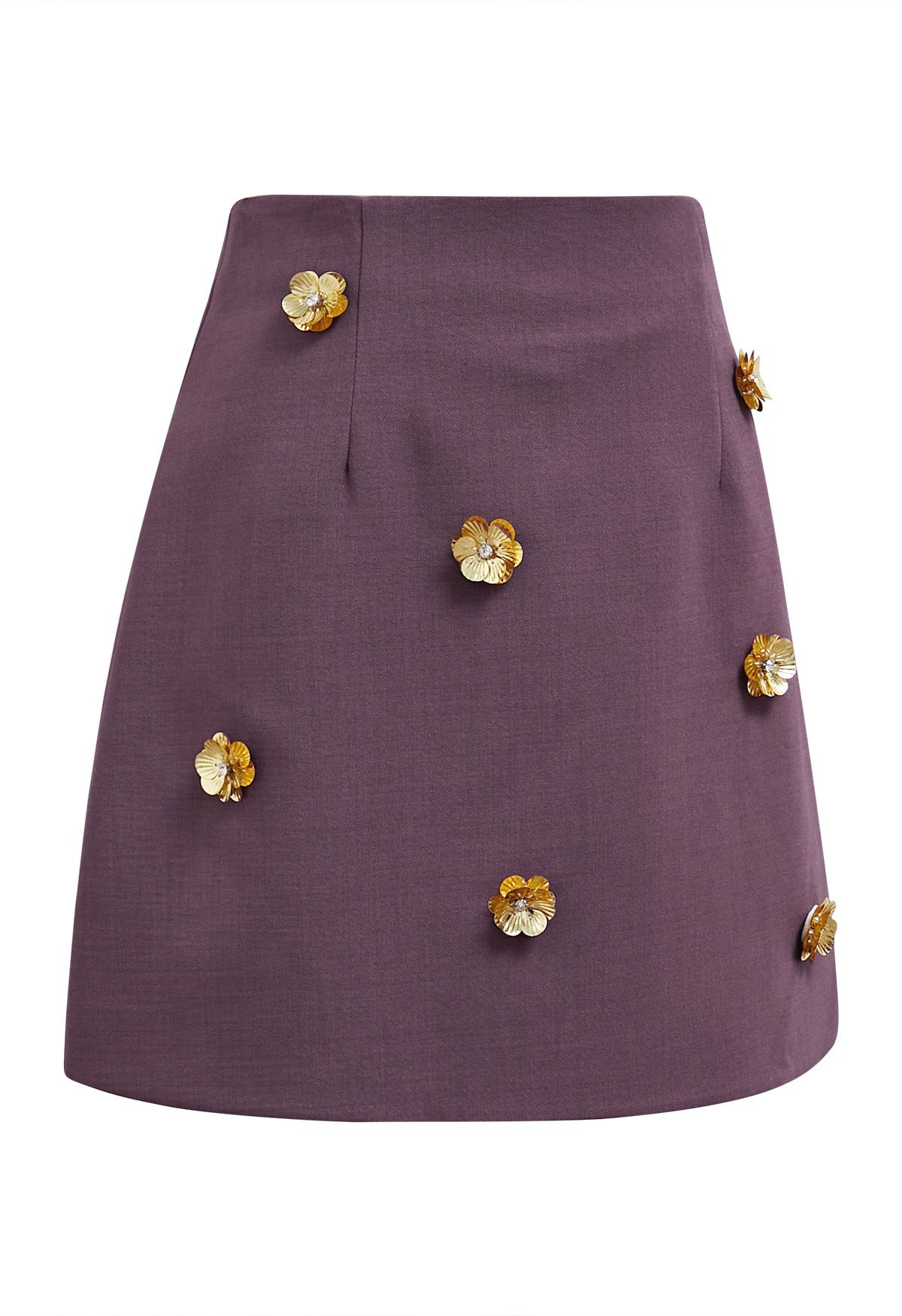 3D Golden Flower Embellished Mini Skirt in Violet