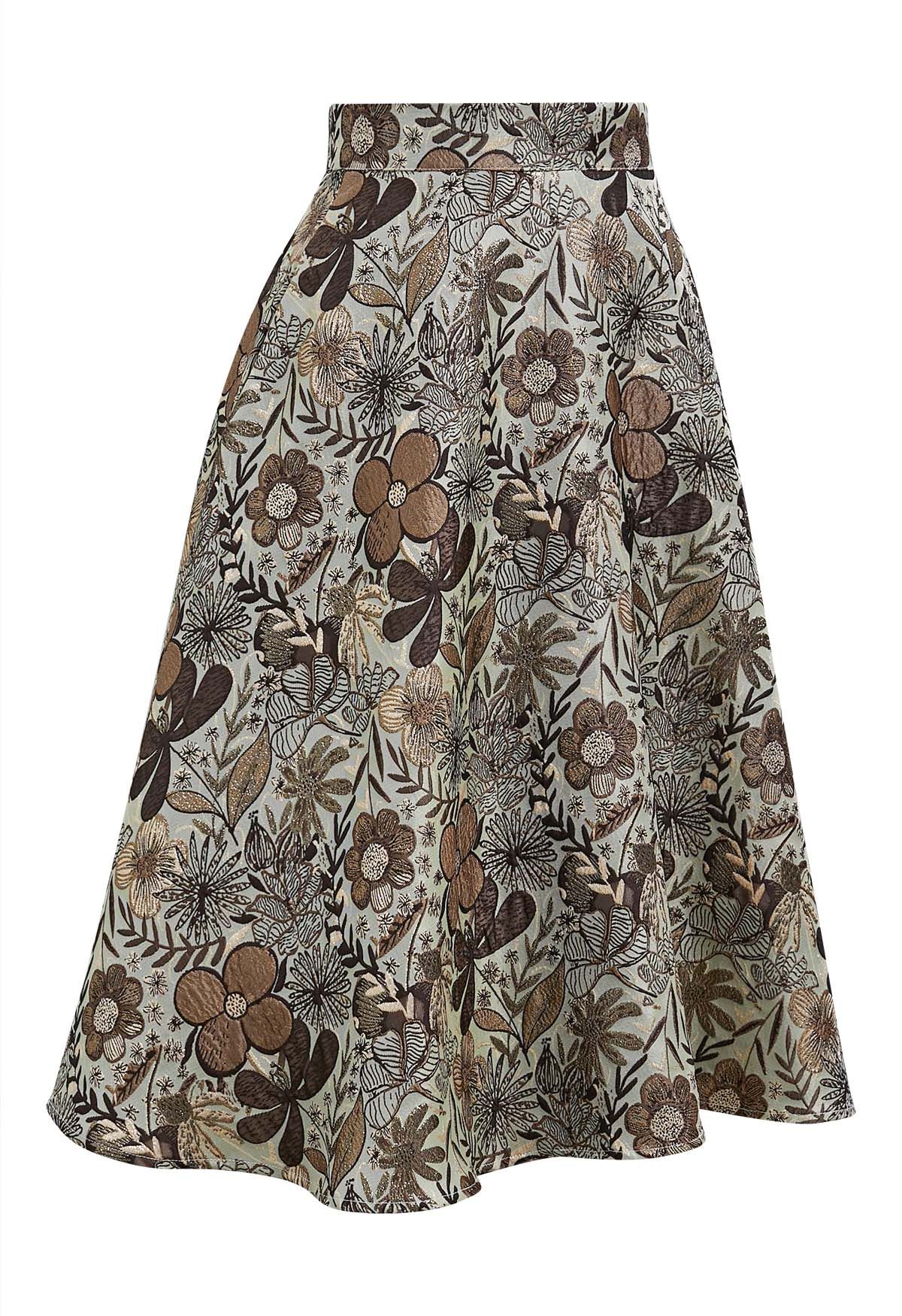 Antique Floral Jacquard A-Line Skirt