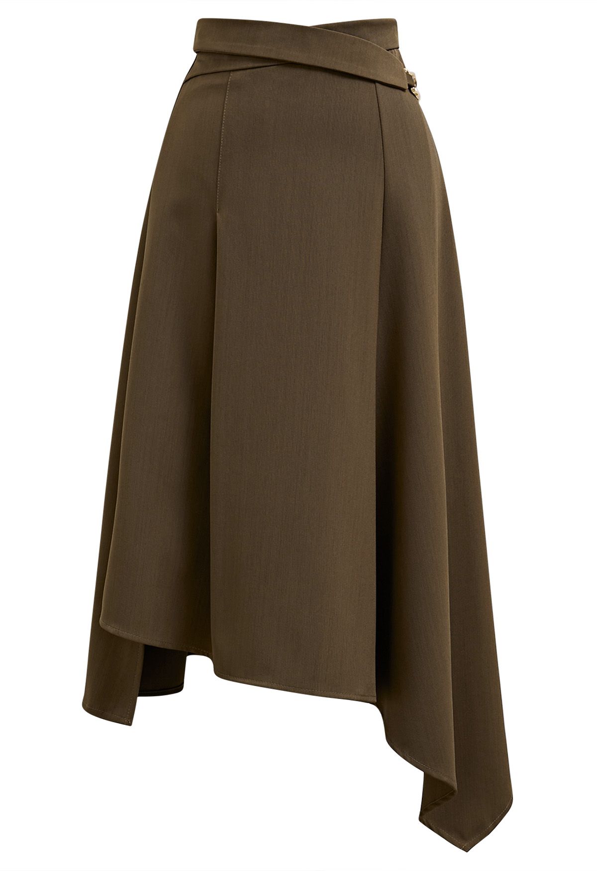 Belt Trim Asymmetry Flowy Midi Skirt in Khaki