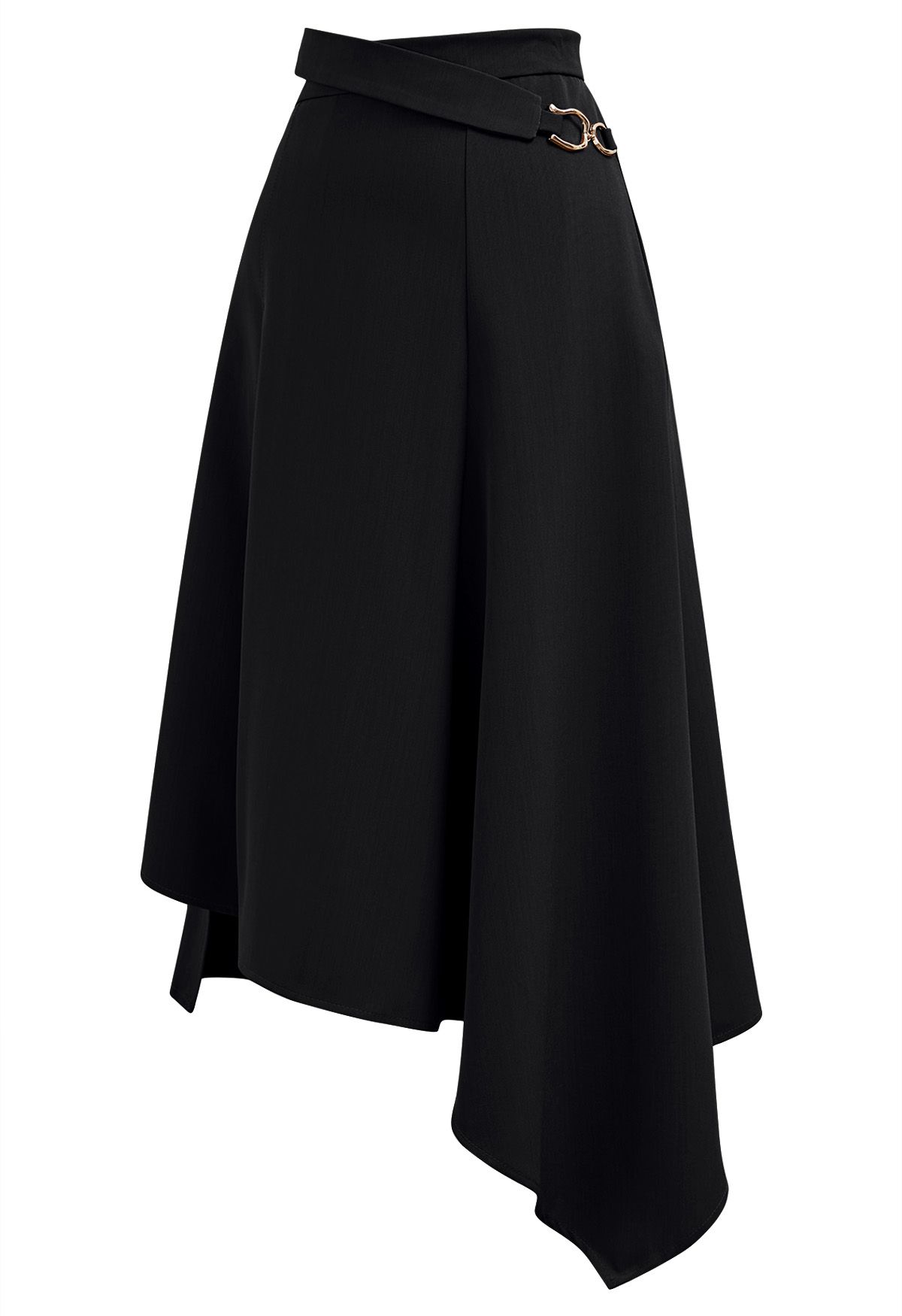 Belt Trim Asymmetry Flowy Midi Skirt in Black