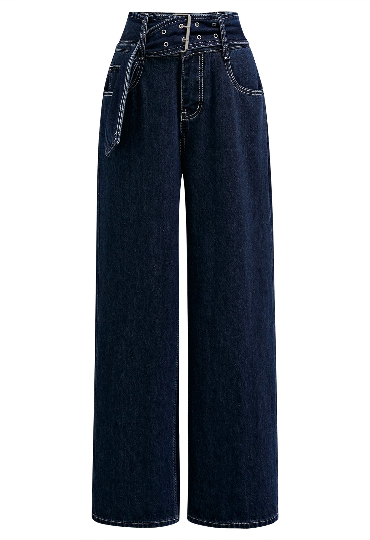 Fashion-Forward Buckle Belt Straight Leg Jeans in Navy