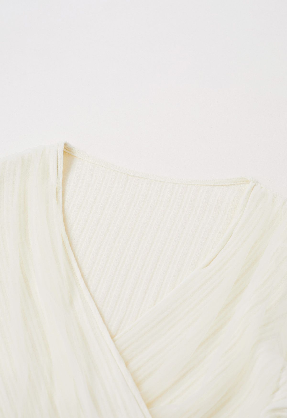 Mesh Spliced Faux-Wrap Knit Top in Cream