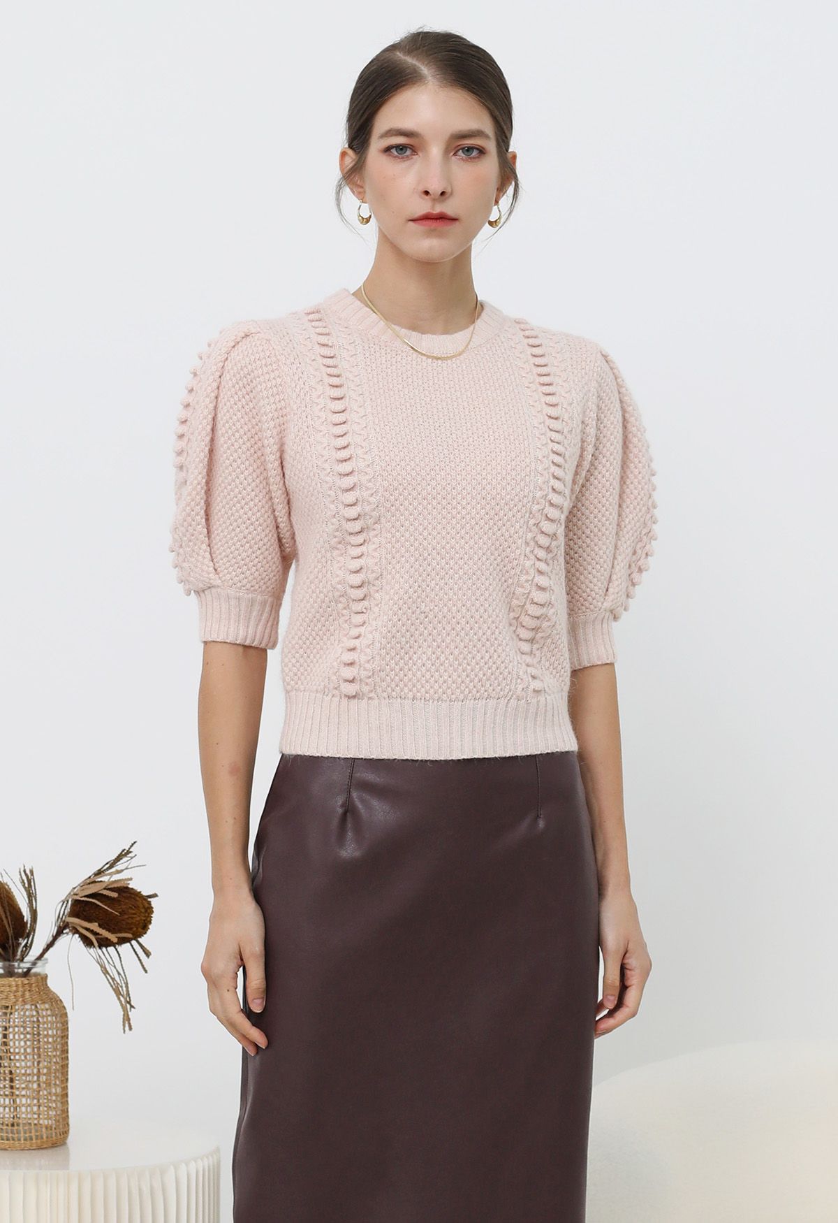 Embossed Texture Puff Sleeve Knit Sweater in Pink