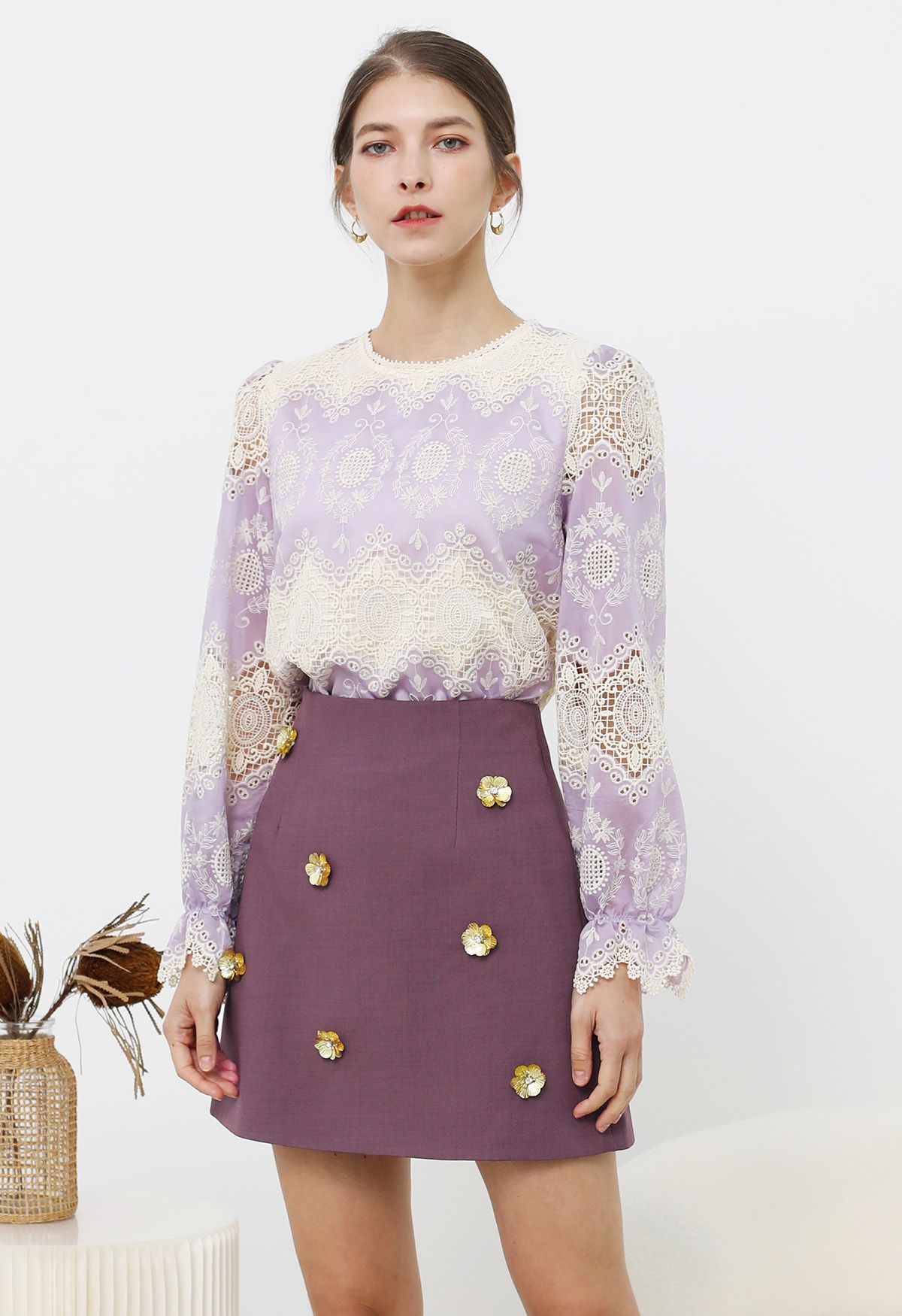 Embroidered Lace Zigzag Hemline Top in Lilac