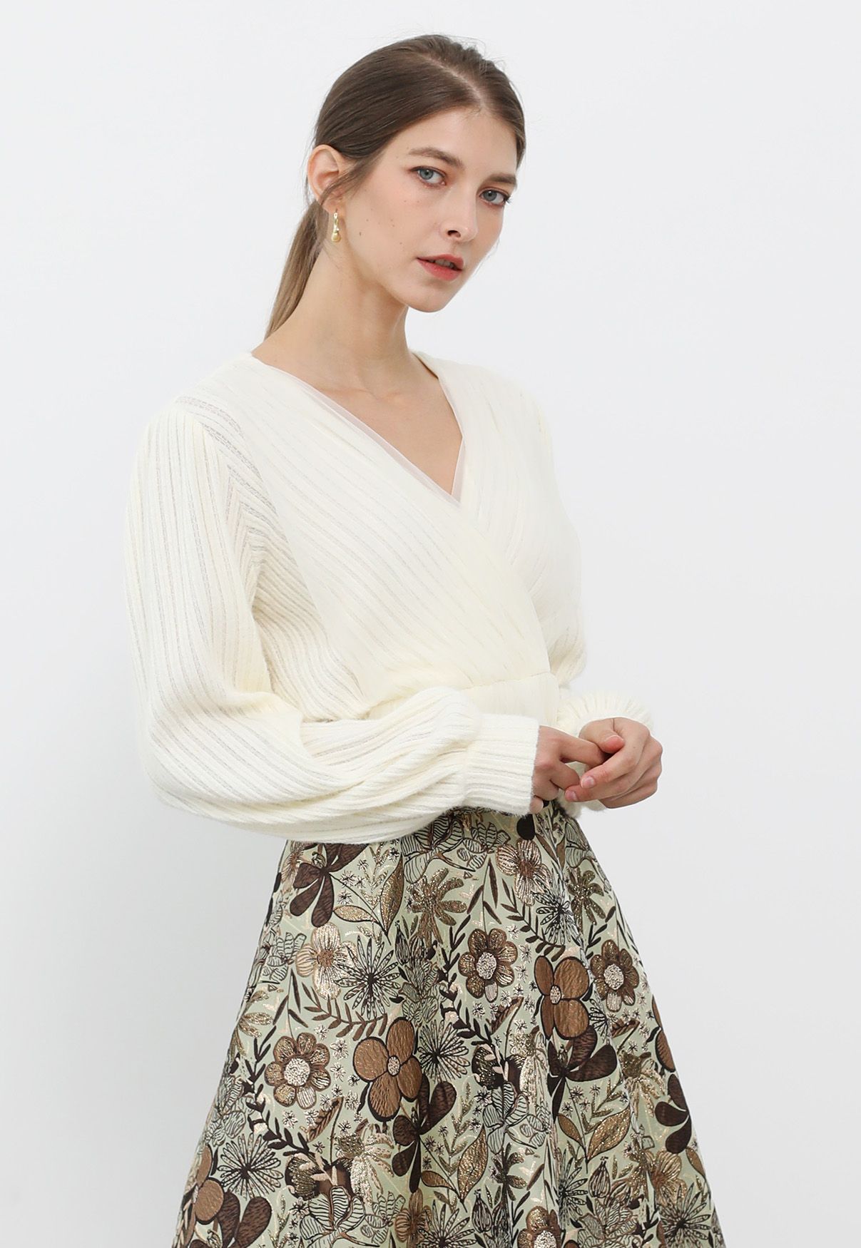 Mesh Spliced Faux-Wrap Knit Top in Cream