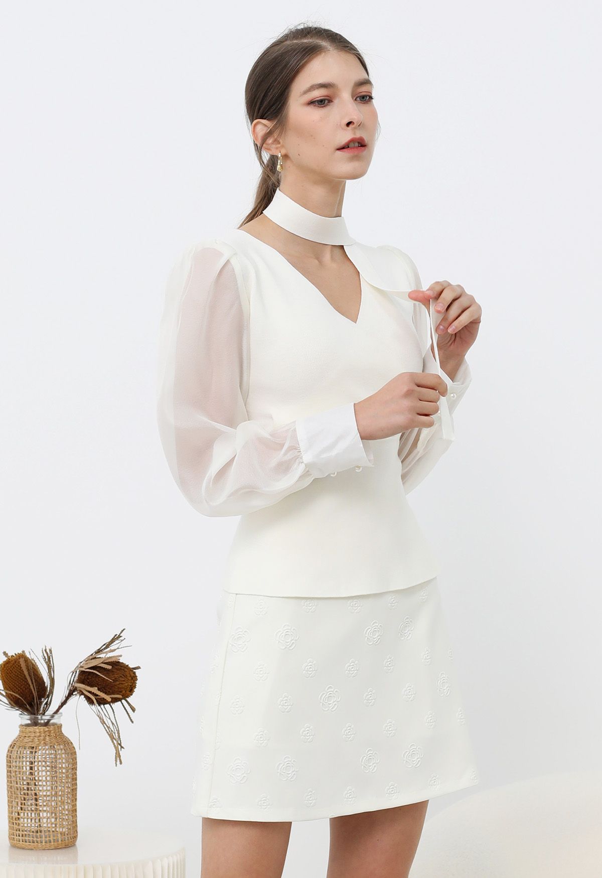 Sheer Sleeves Spliced Knit Top with Scarf in White