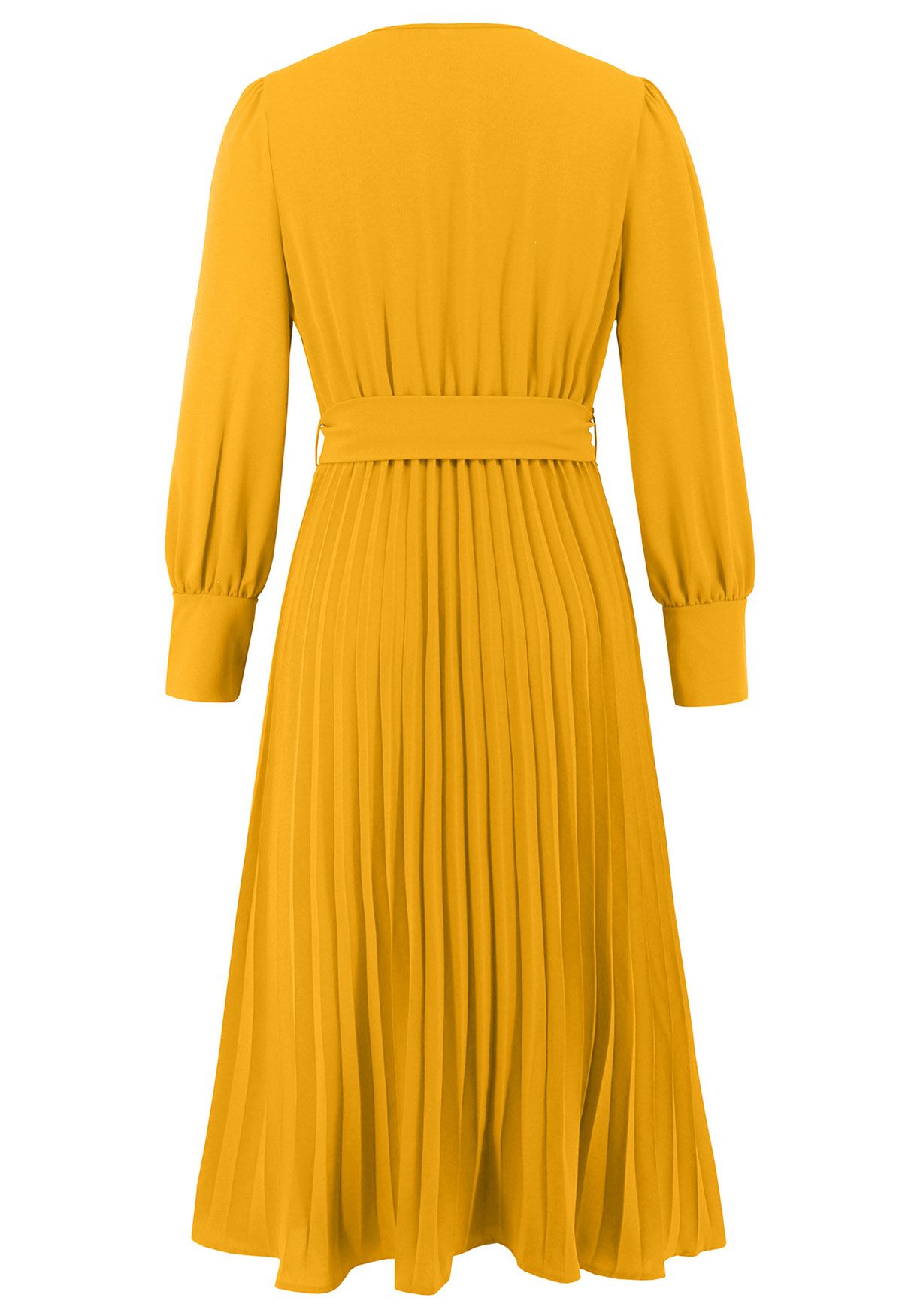 Graceful Pleats Faux-Wrap Belted Midi Dress in Yellow