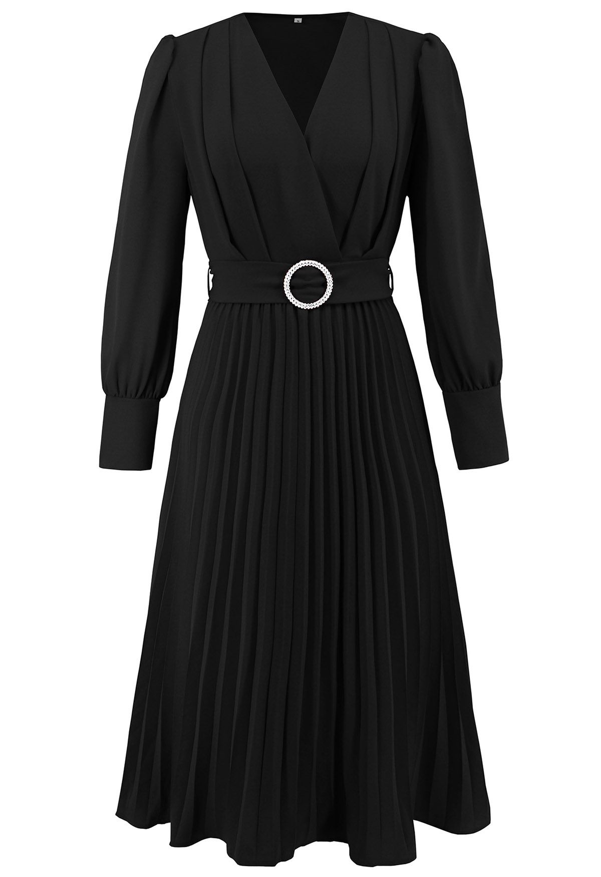 Graceful Pleats Faux-Wrap Belted Midi Dress in Black