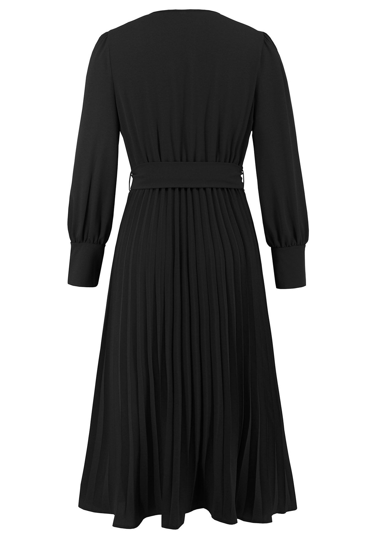 Graceful Pleats Faux-Wrap Belted Midi Dress in Black