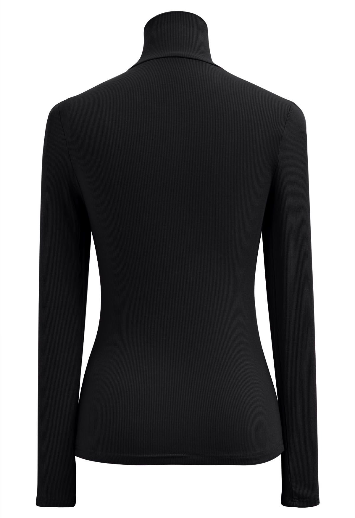 Faux-Wrap Mock Neck Long-Sleeve Top in Black