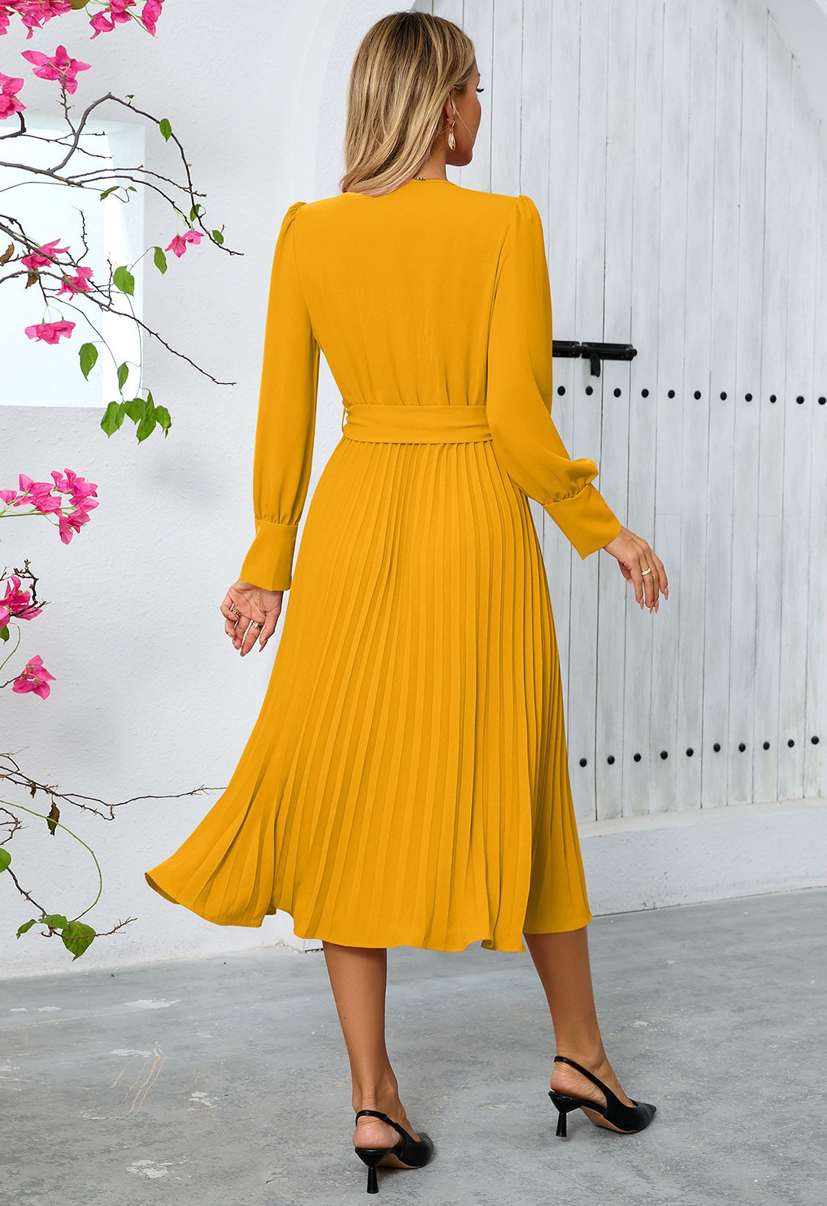 Graceful Pleats Faux-Wrap Belted Midi Dress in Yellow