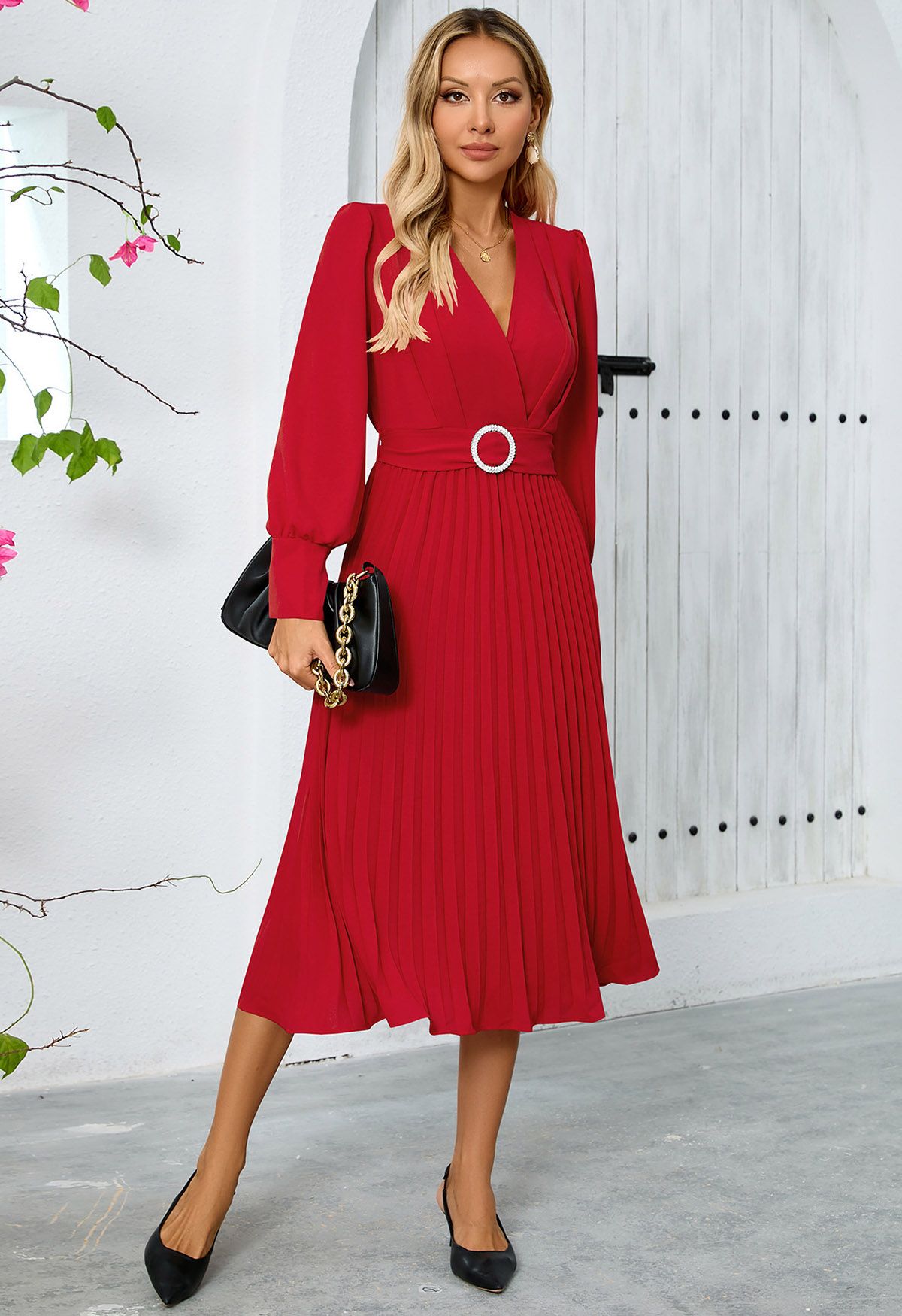 Graceful Pleats Faux-Wrap Belted Midi Dress in Red