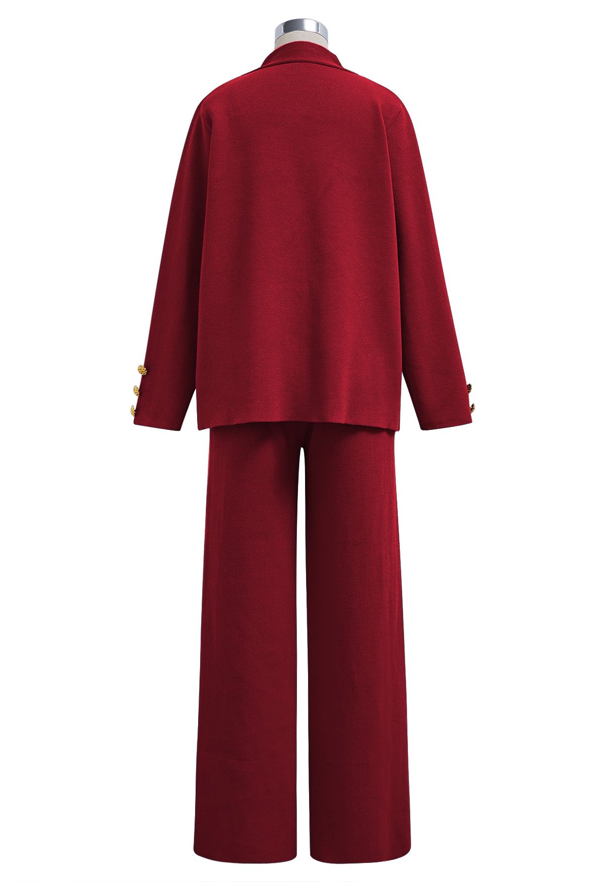 Golden Button Patch Pocket Knit Cardigan and Pants Set in Red