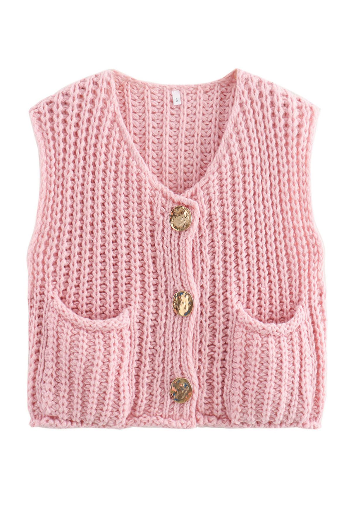 Bold Golden Buttons Patch Pocket Chunky Knit Vest in Pink