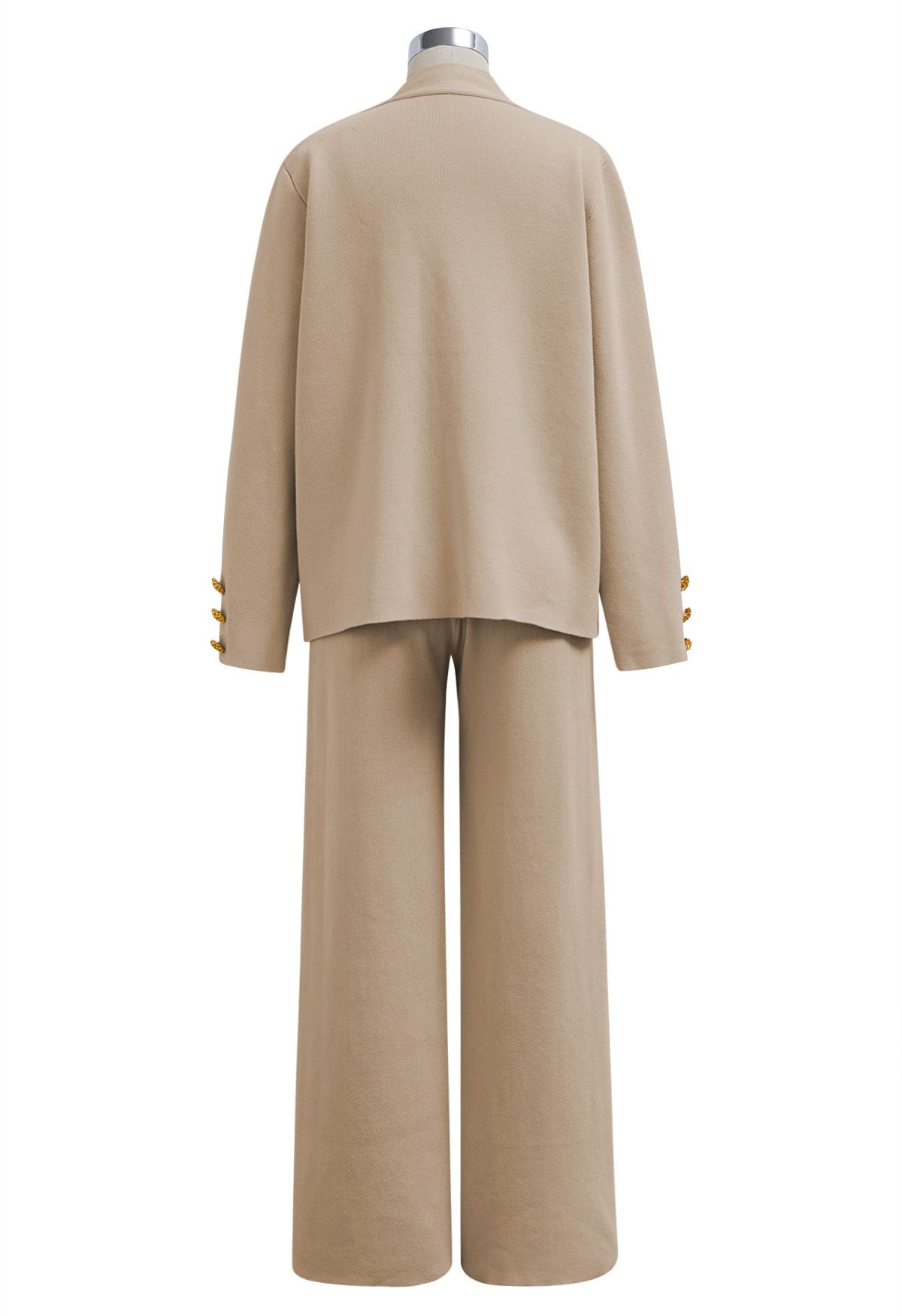 Golden Button Patch Pocket Knit Cardigan and Pants Set in Tan