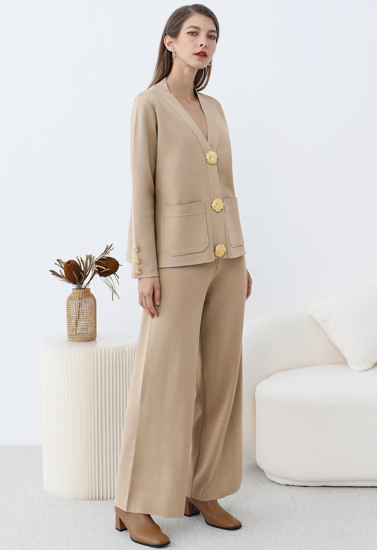 Golden Button Patch Pocket Knit Cardigan and Pants Set in Tan