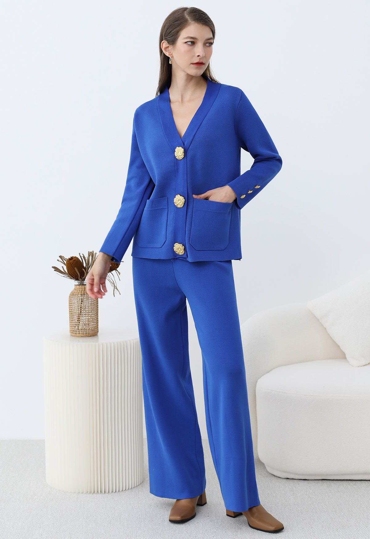 Golden Button Patch Pocket Knit Cardigan and Pants Set in Royal Blue