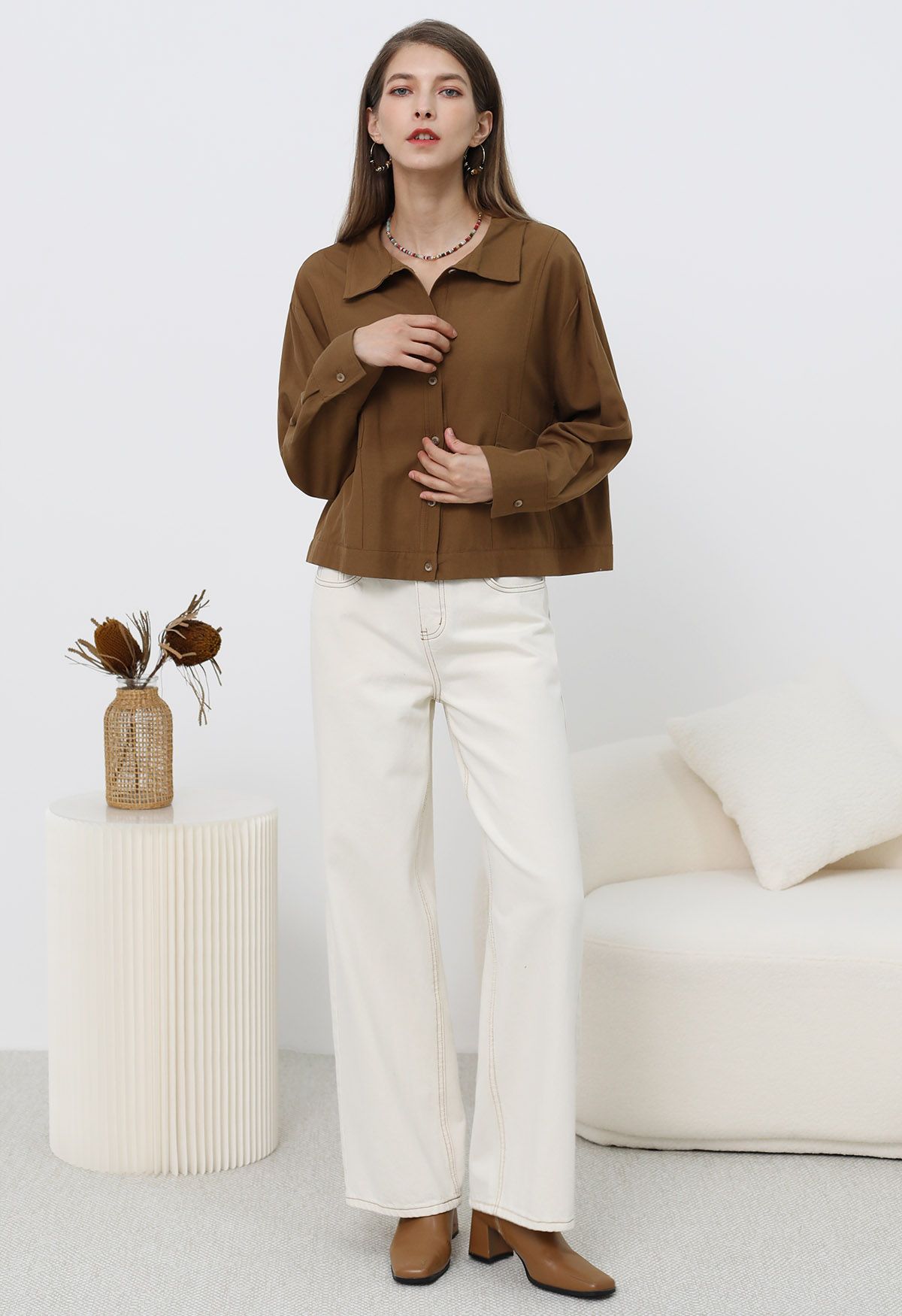 Minimalist Front Pocket Button Down Shirt in Caramel