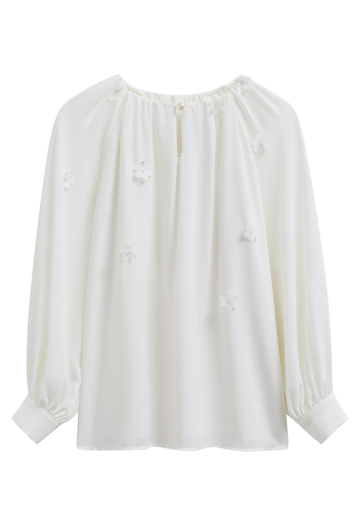 3D Floret Pearly Cutout Puff Sleeve Shirt in White