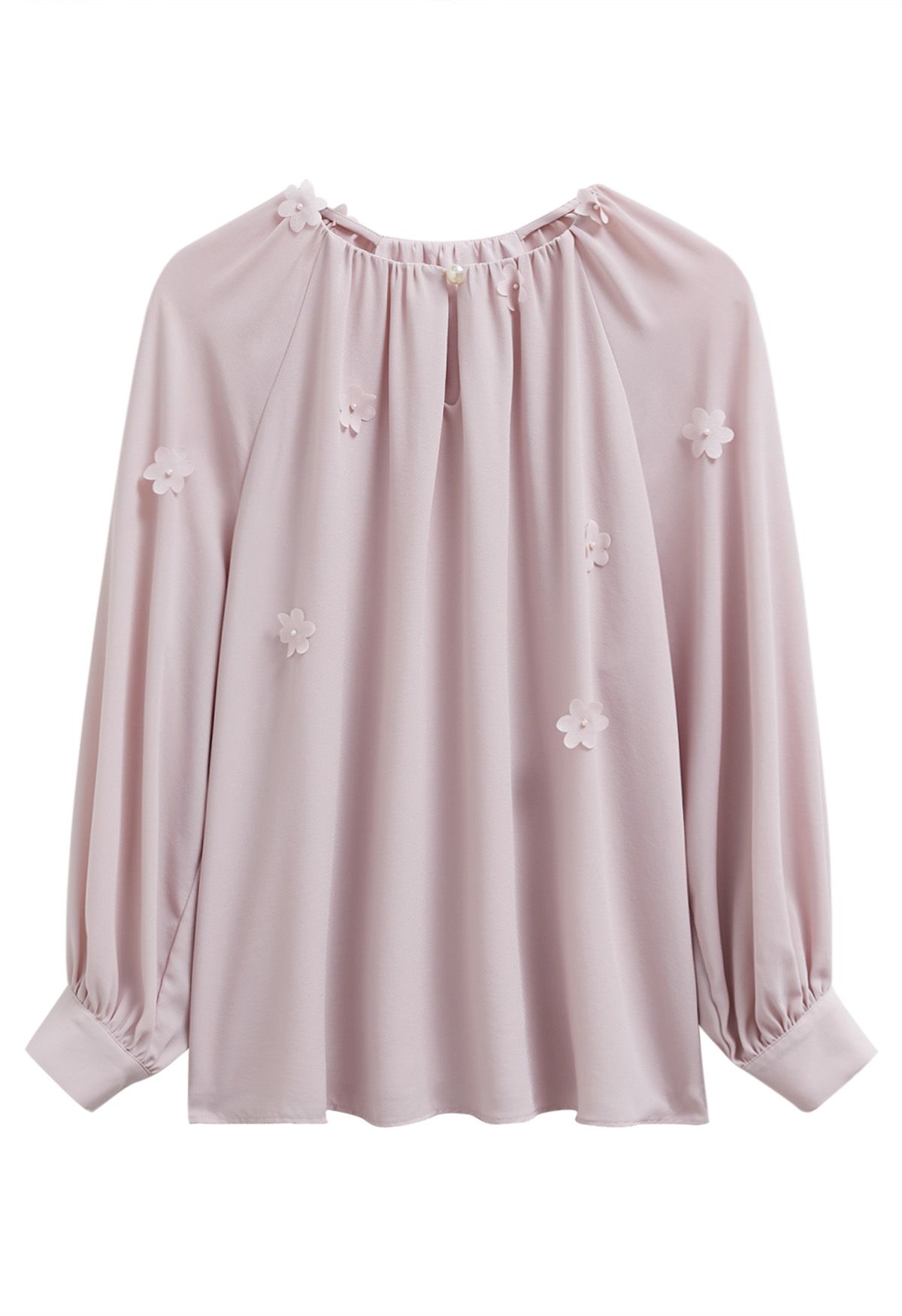 3D Floret Pearly Cutout Puff Sleeve Shirt in Pink