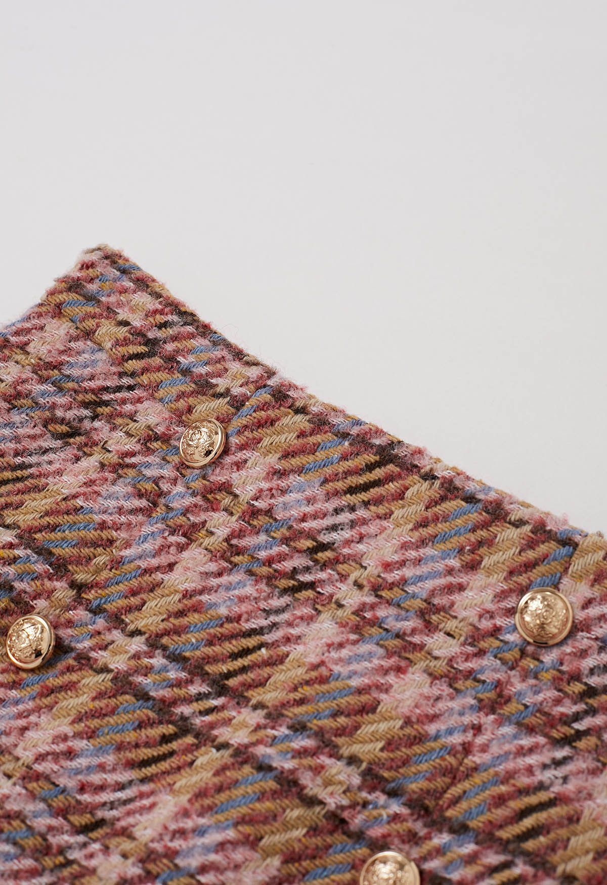 Golden Buttons Pink Plaid Wool-Blend Mini Skirt