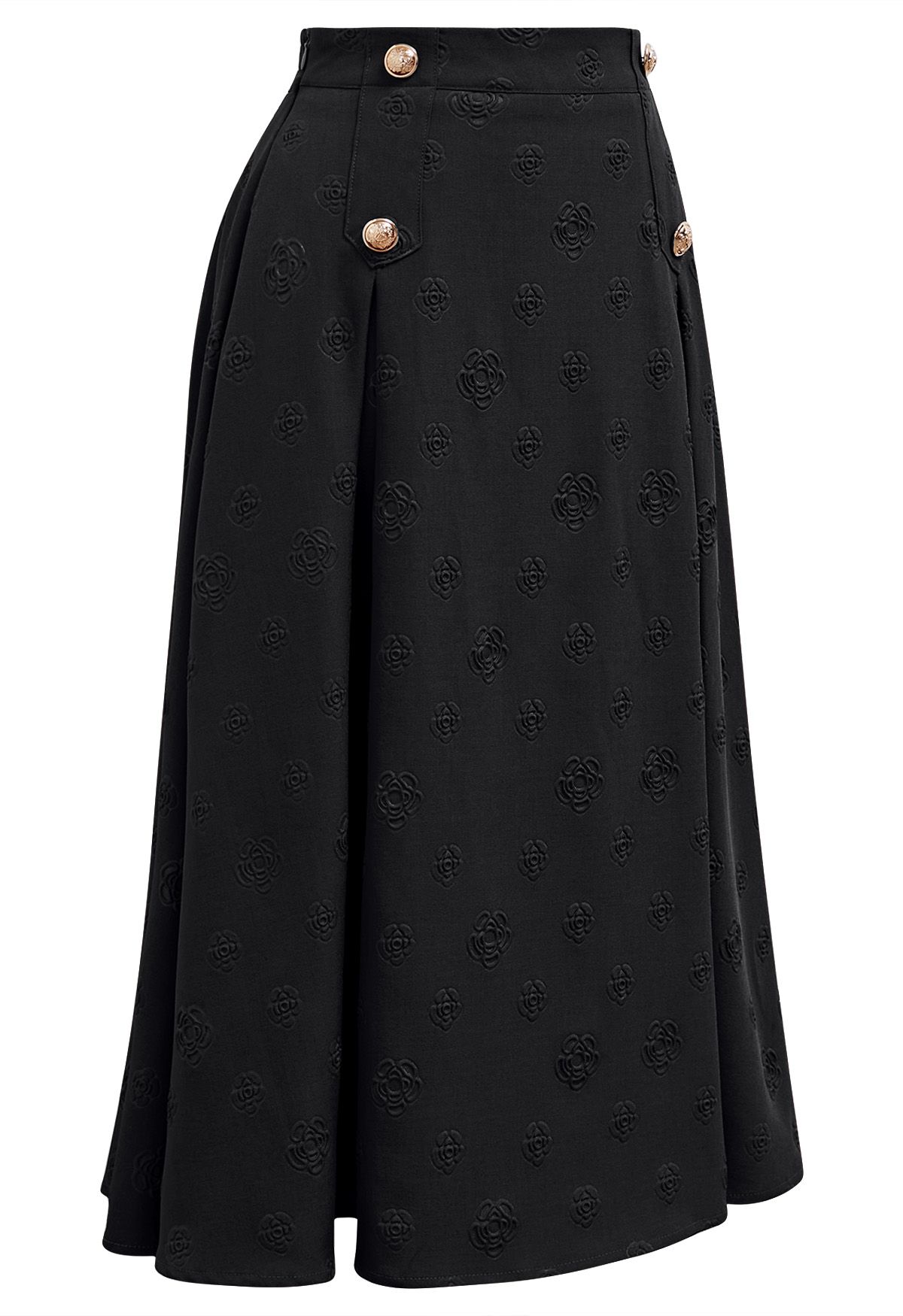 Embossed Rose A-Line Midi Skirt in Black