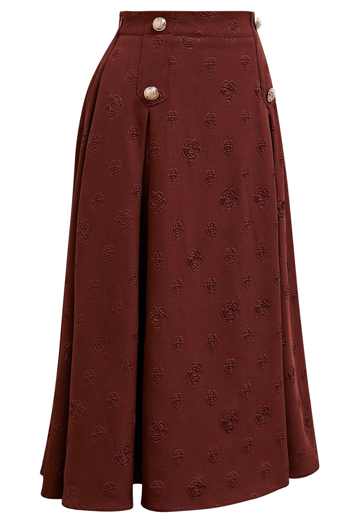 Embossed Rose A-Line Midi Skirt in Burgundy