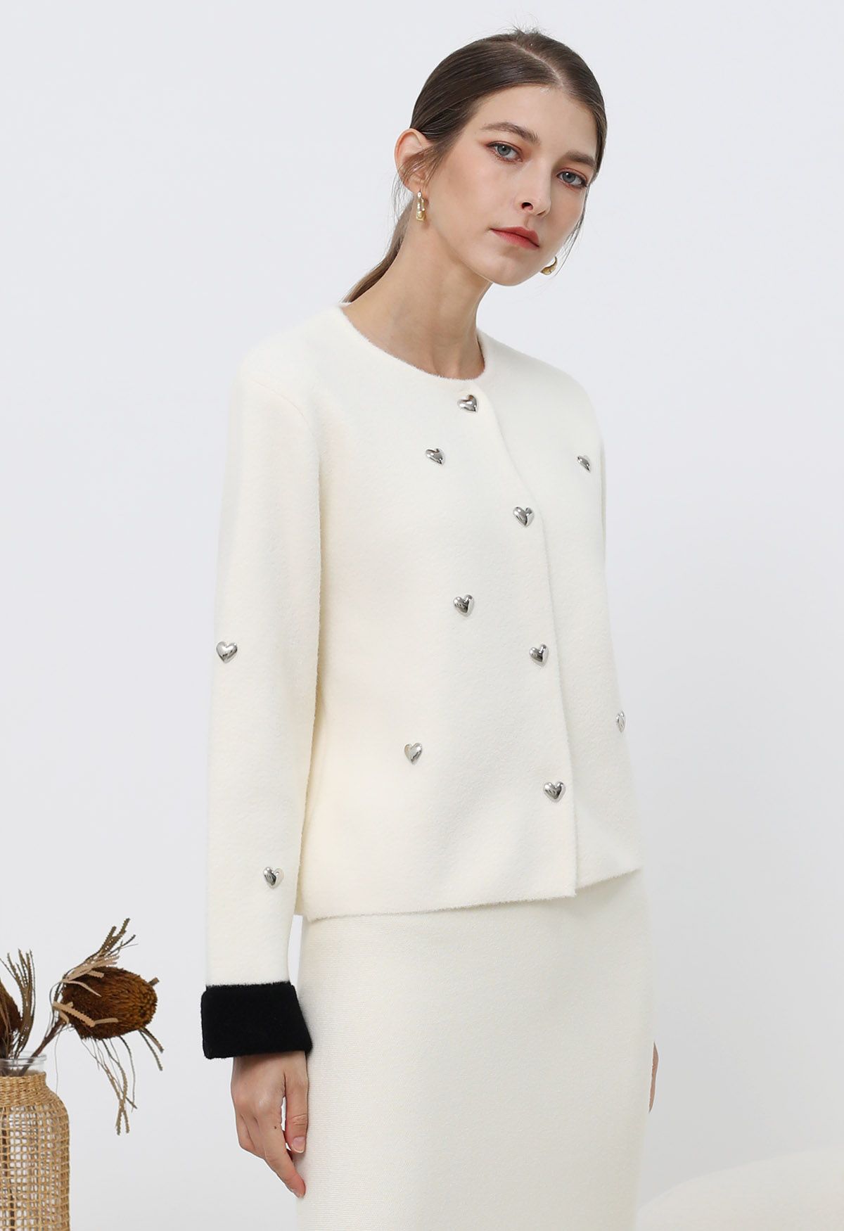 3D Heart Embellished Stud Button Contrast Cardigan in Ivory