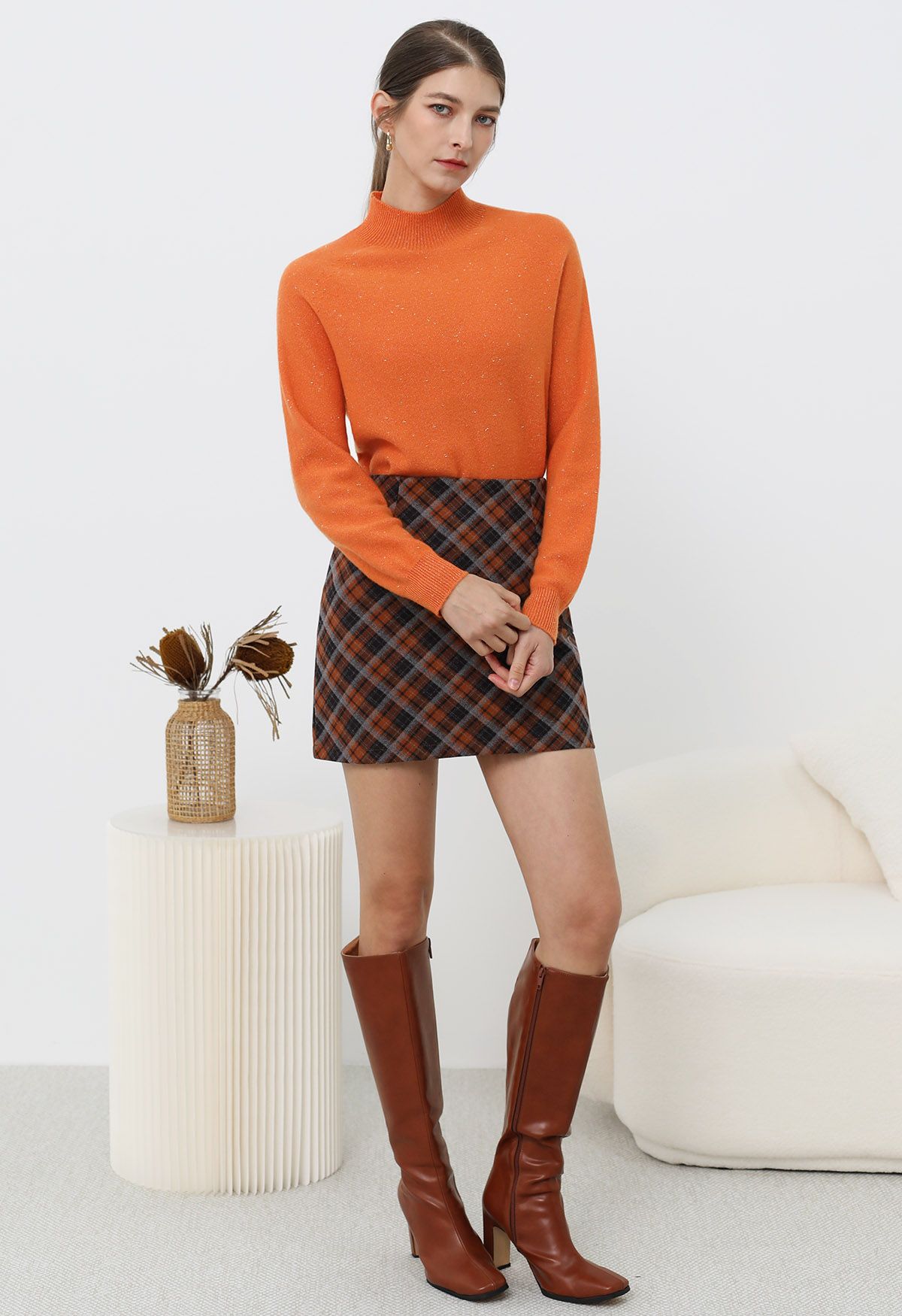 Integral Metallic Thread Mock Neck Wool Sweater in Orange