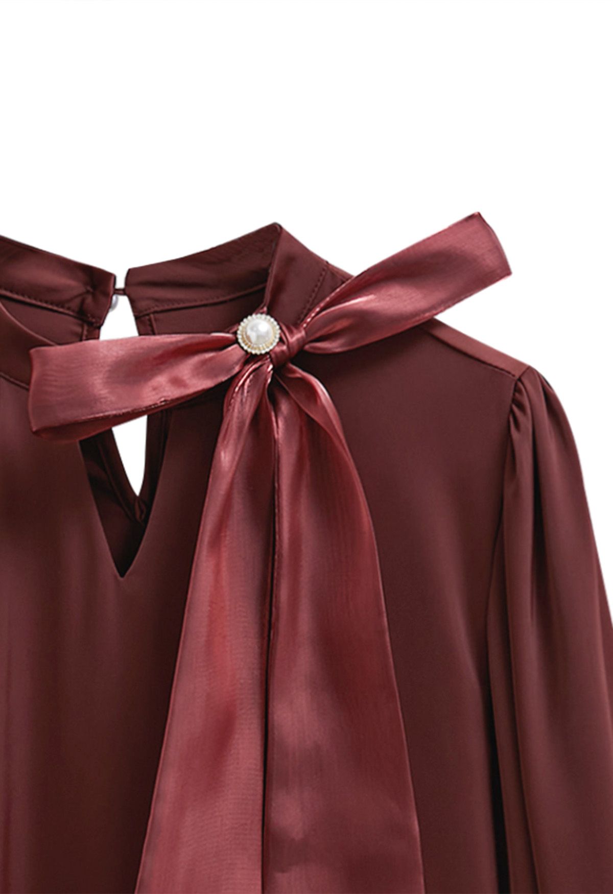 Pearly Organza Bowknot Satin Top in Burgundy