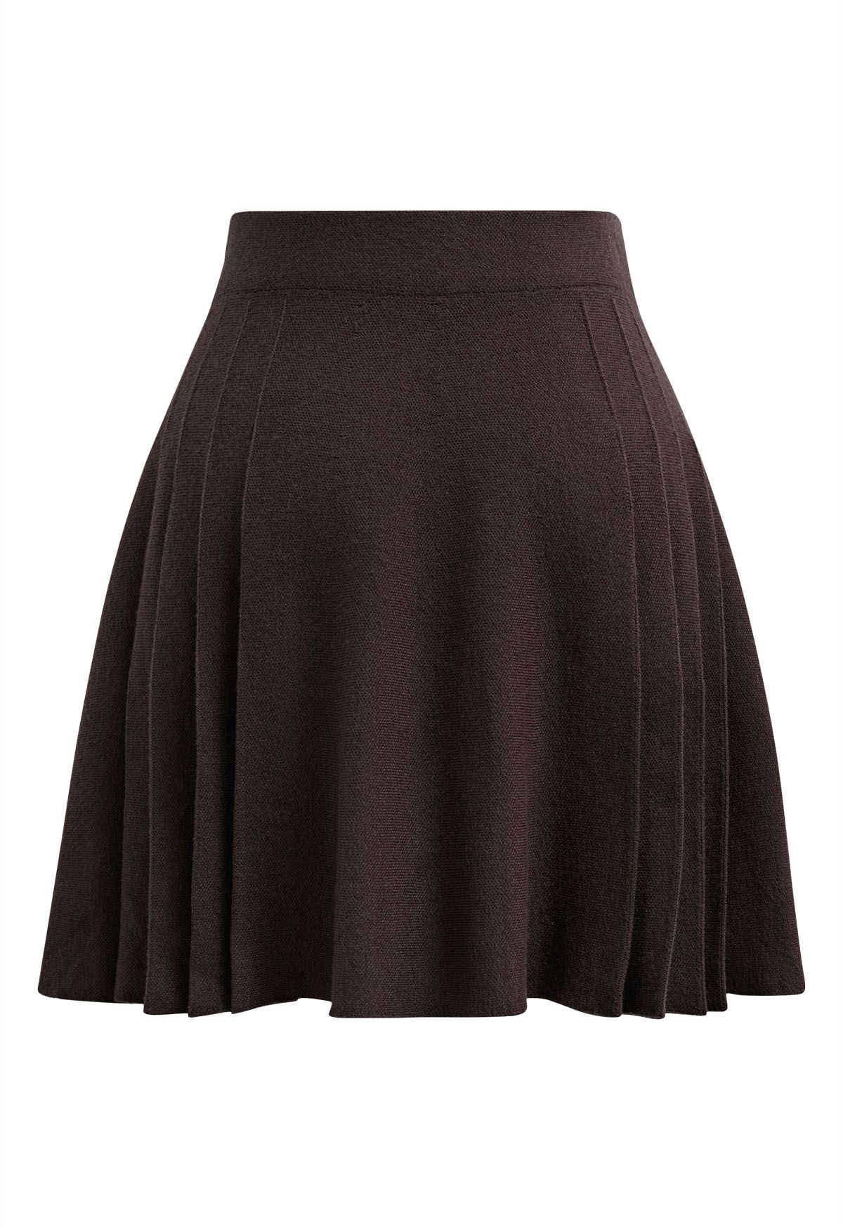 Side Pleats Knit Mini Skirt in Brown