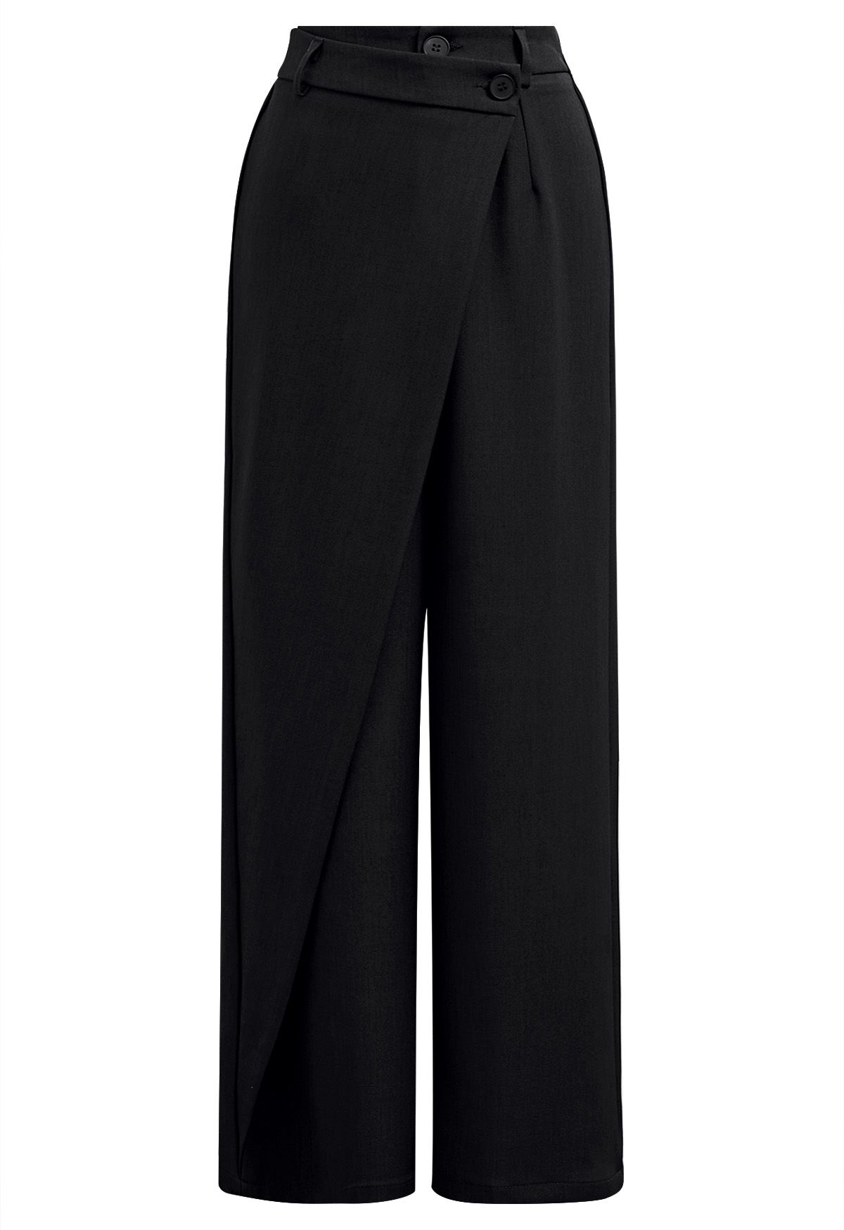 Asymmetric Flap Buttoned Straight-Leg Pants in Black