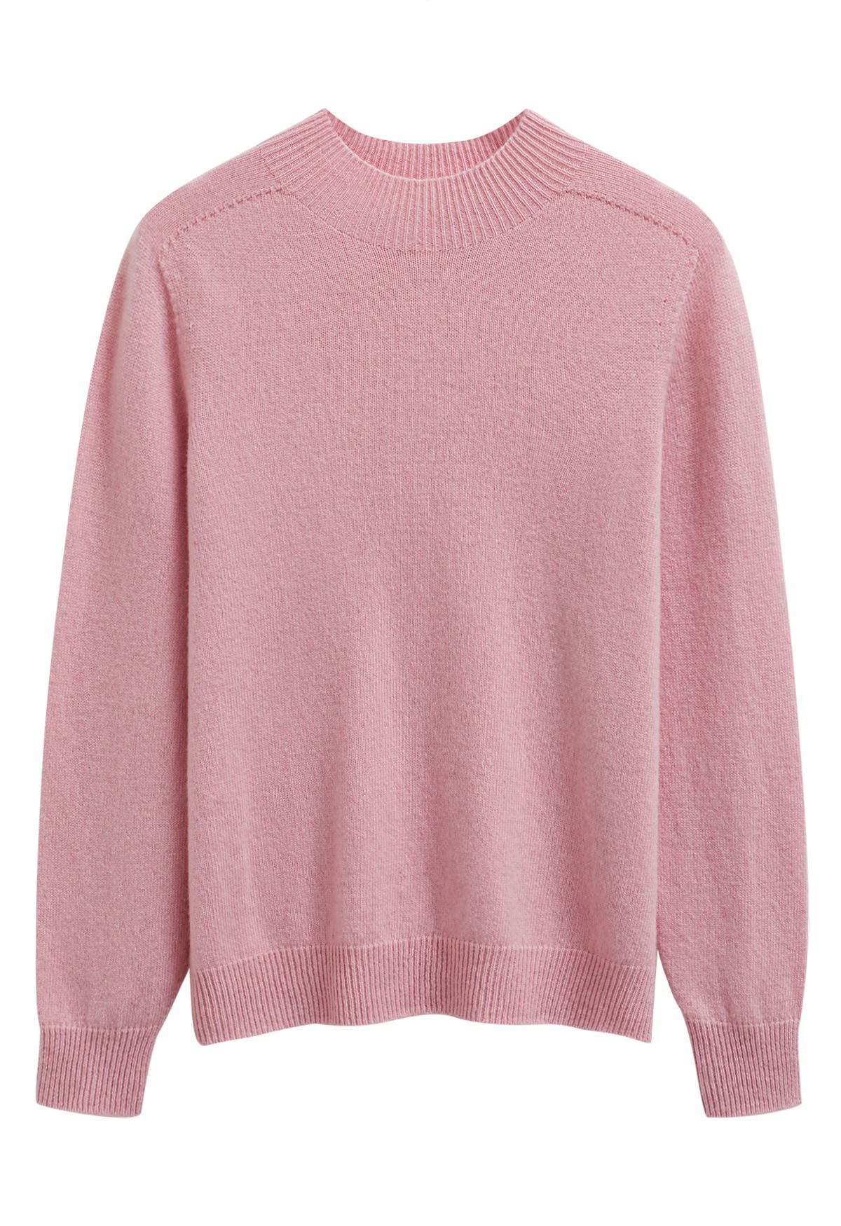 Heartwarming Mock Neck Long-Sleeve Wool Sweater in Pink