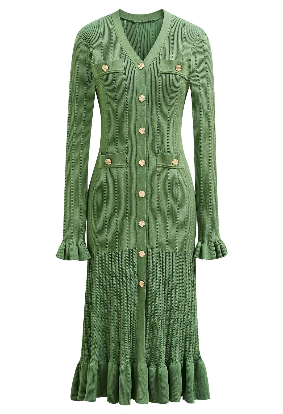 Ruffle Elegance V-Neck Buttoned Openwork Knit Dress in Green