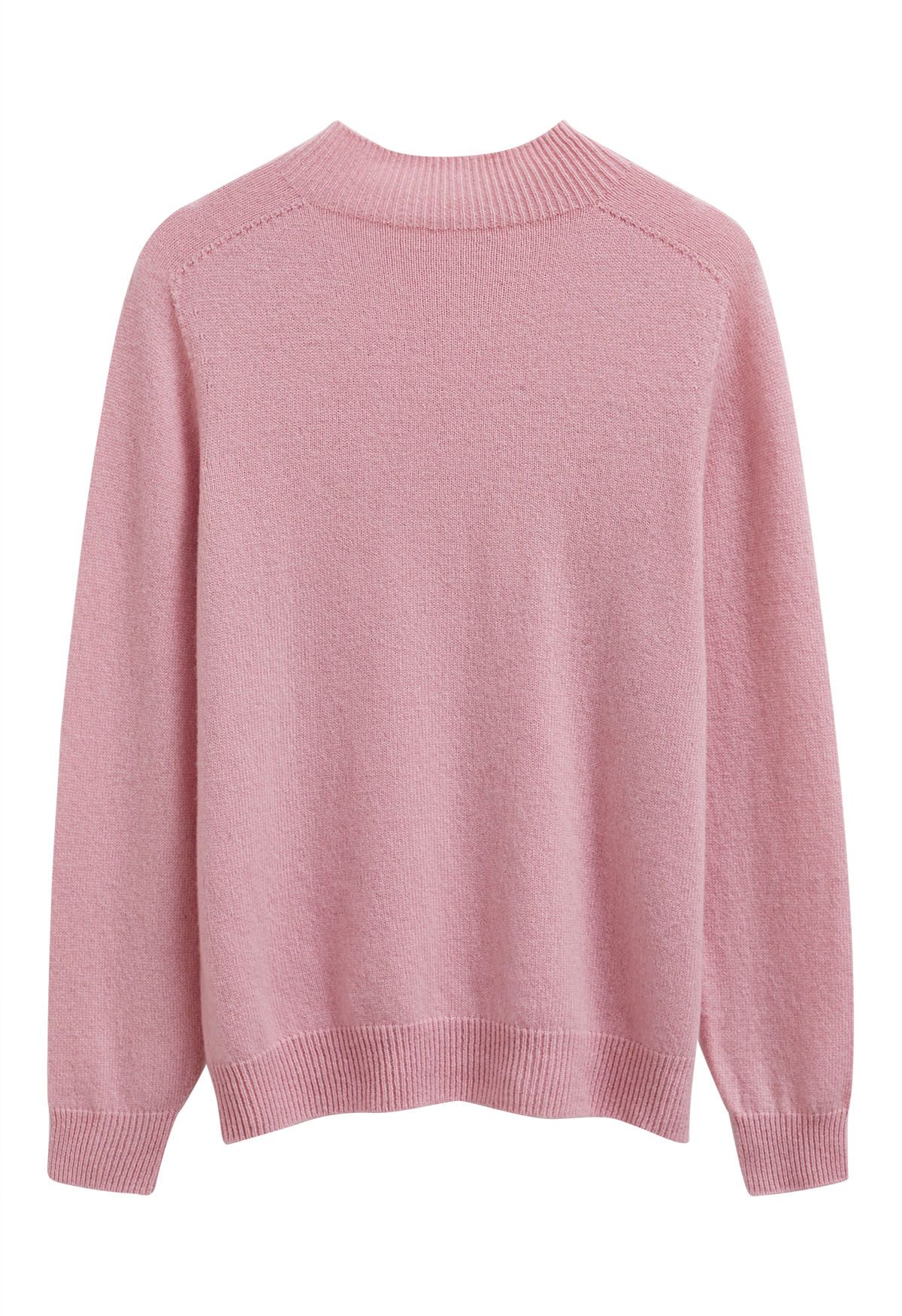 Heartwarming Mock Neck Long-Sleeve Wool Sweater in Pink