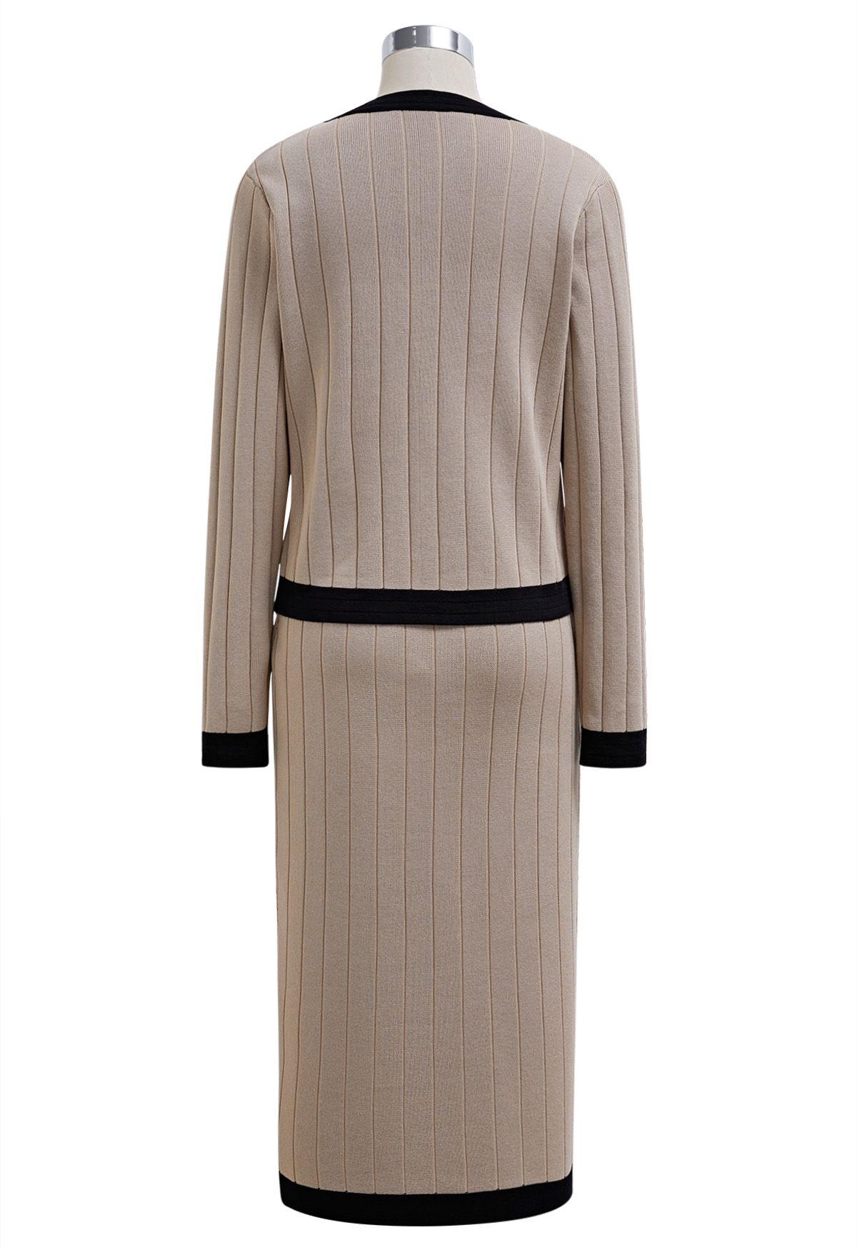 Contrast Trim Golden Button Knit Cardigan and Skirt Set in Taupe