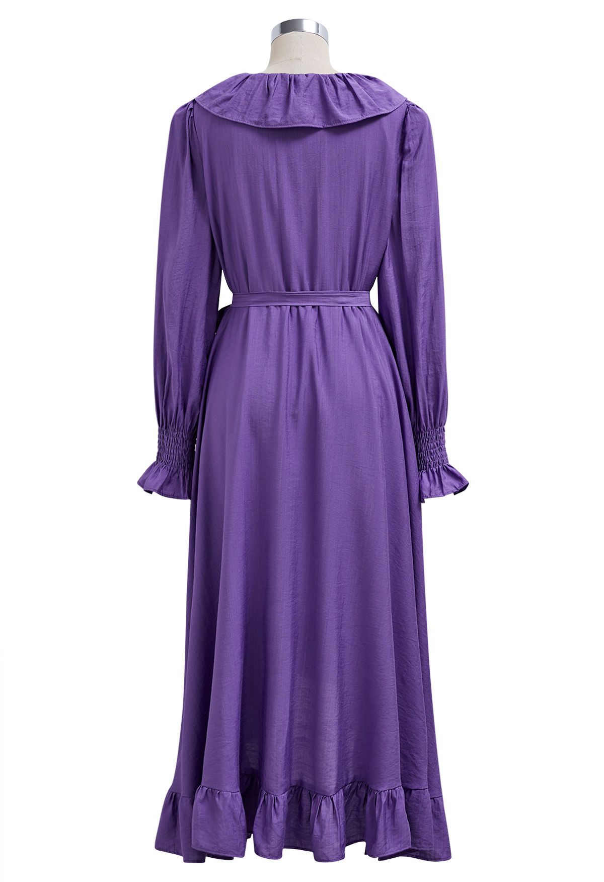 Whimsical Ruffle Asymmetric Button Down Midi Dress in Purple