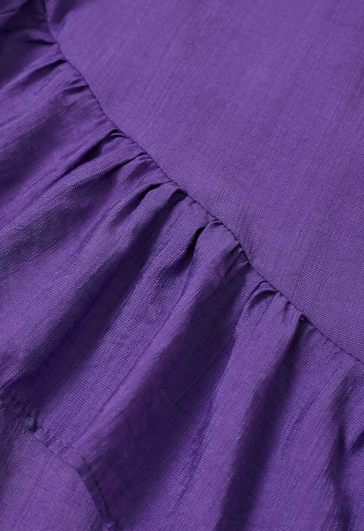 Whimsical Ruffle Asymmetric Button Down Midi Dress in Purple