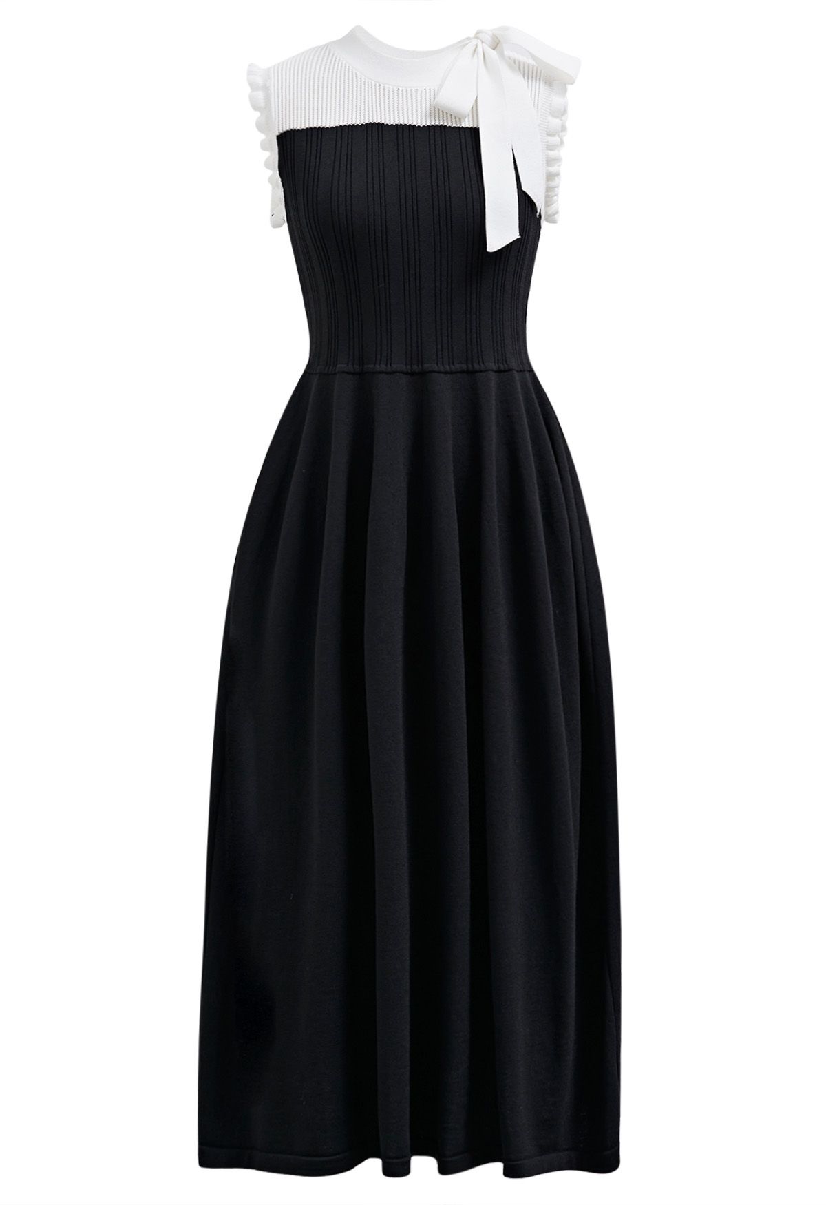 Bowknot Shoulder Ruffle Sleeveless Knit Midi Dress in Black