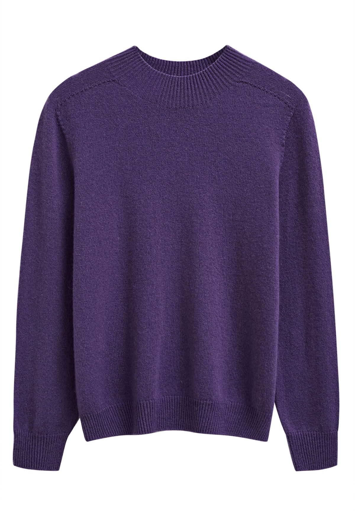 Heartwarming Mock Neck Long-Sleeve Wool Sweater in Purple