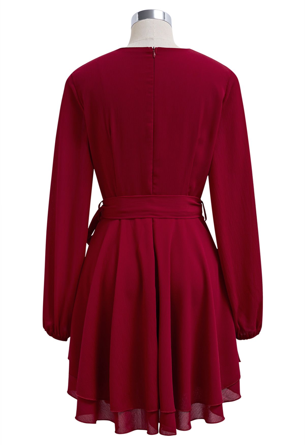 Lovable Tiered Ruffled V-Neck Wrapped Tie-Waist Mini Dress in Red