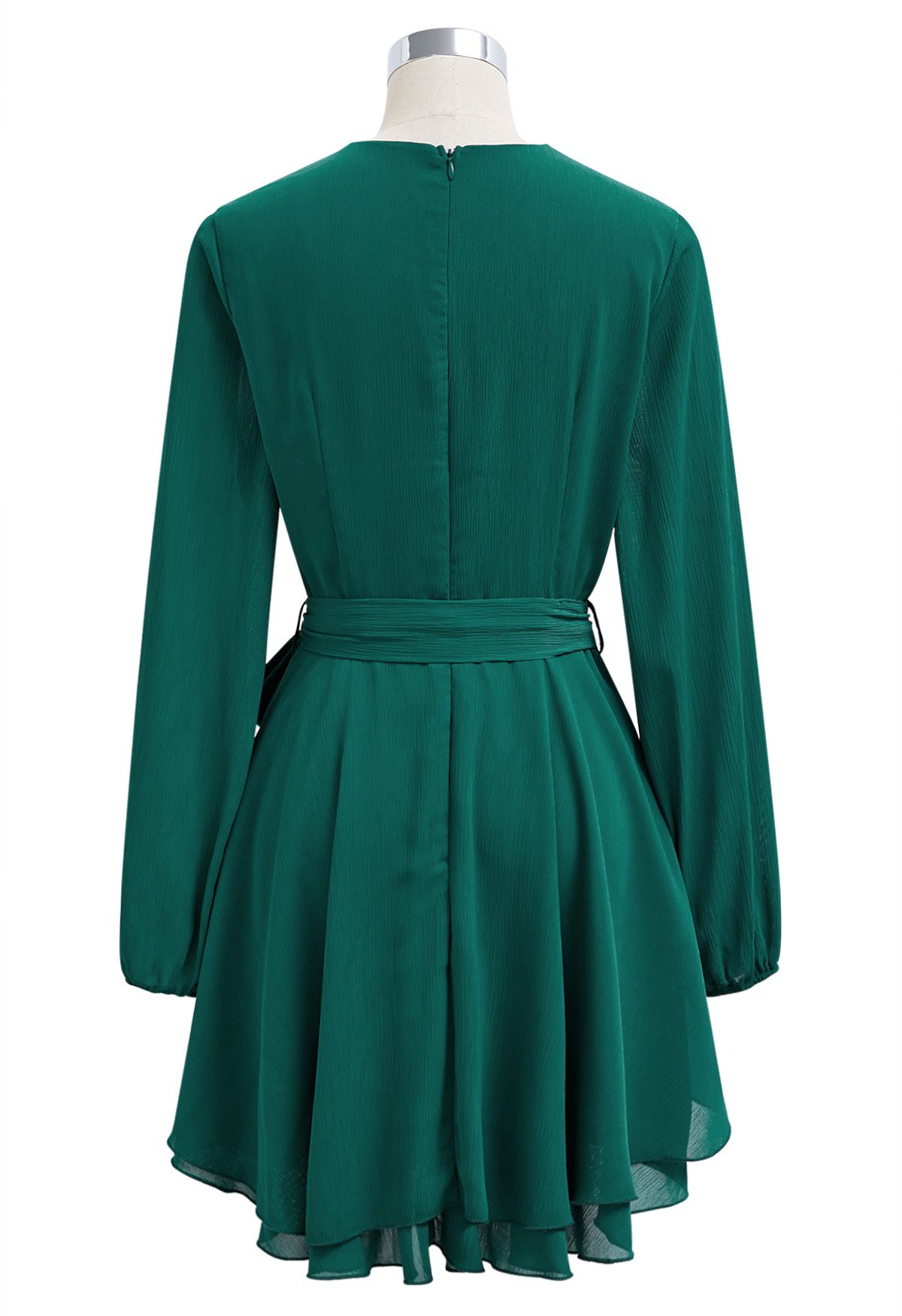 Lovable Tiered Ruffled V-Neck Wrapped Tie-Waist Mini Dress in Green