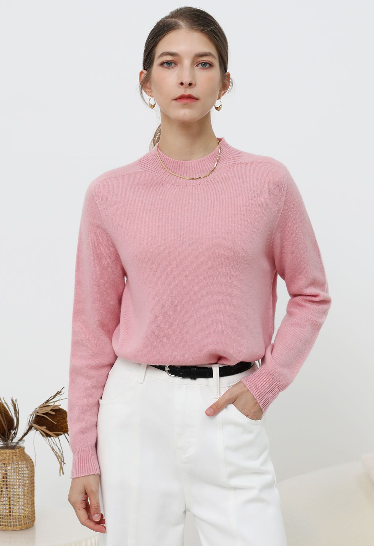 Heartwarming Mock Neck Long-Sleeve Wool Sweater in Pink