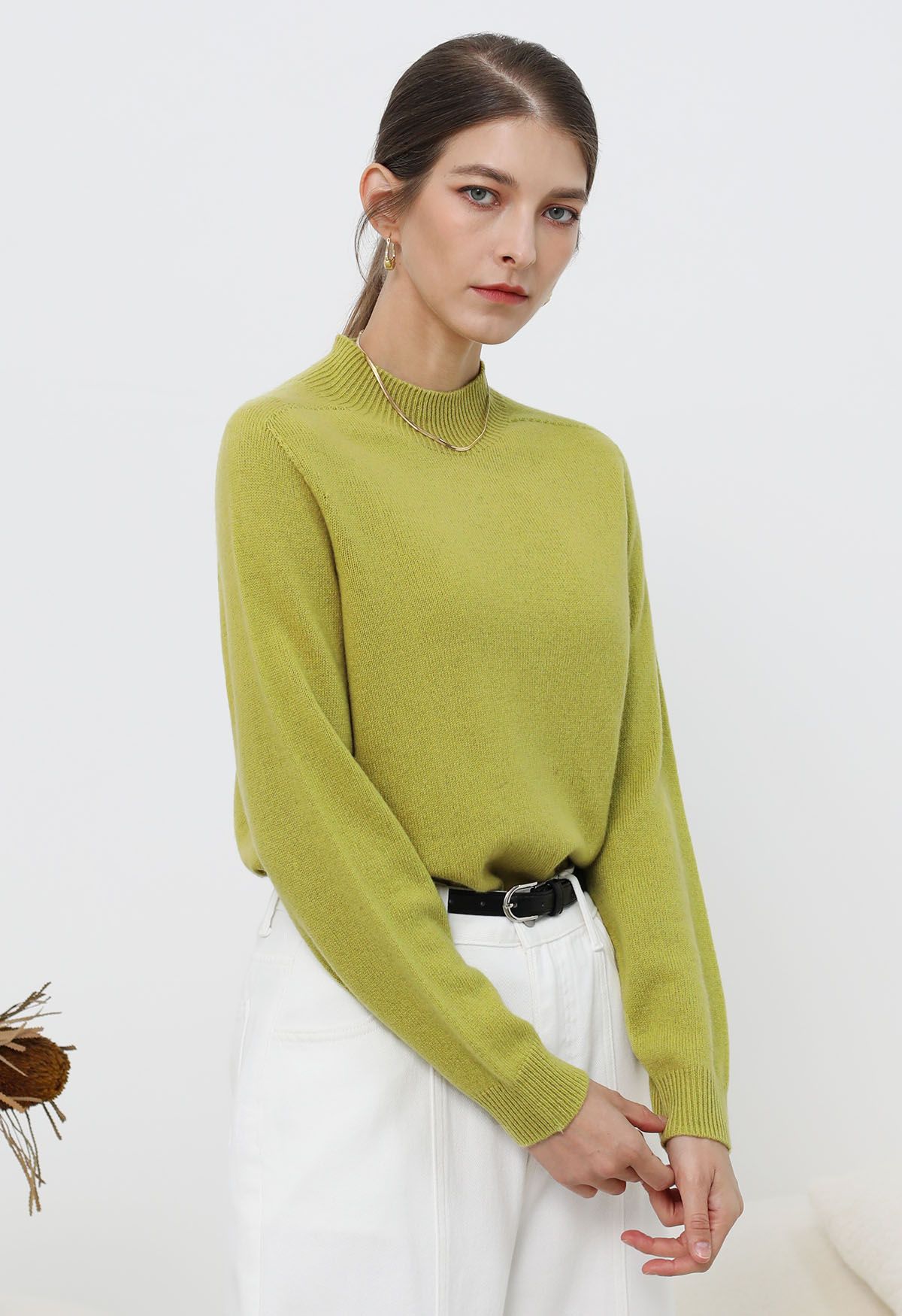 Heartwarming Mock Neck Long-Sleeve Wool Sweater in Lime