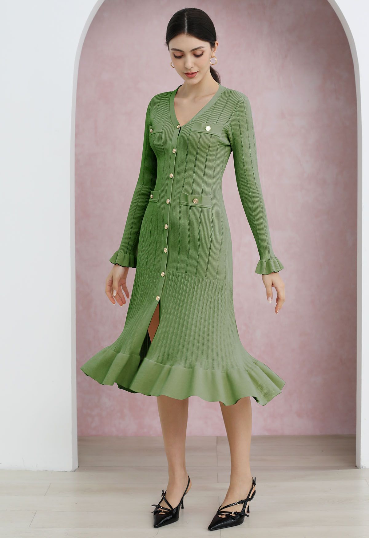 Ruffle Elegance V-Neck Buttoned Openwork Knit Dress in Green