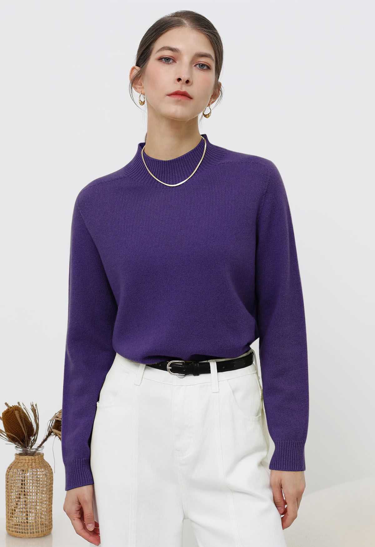 Heartwarming Mock Neck Long-Sleeve Wool Sweater in Purple