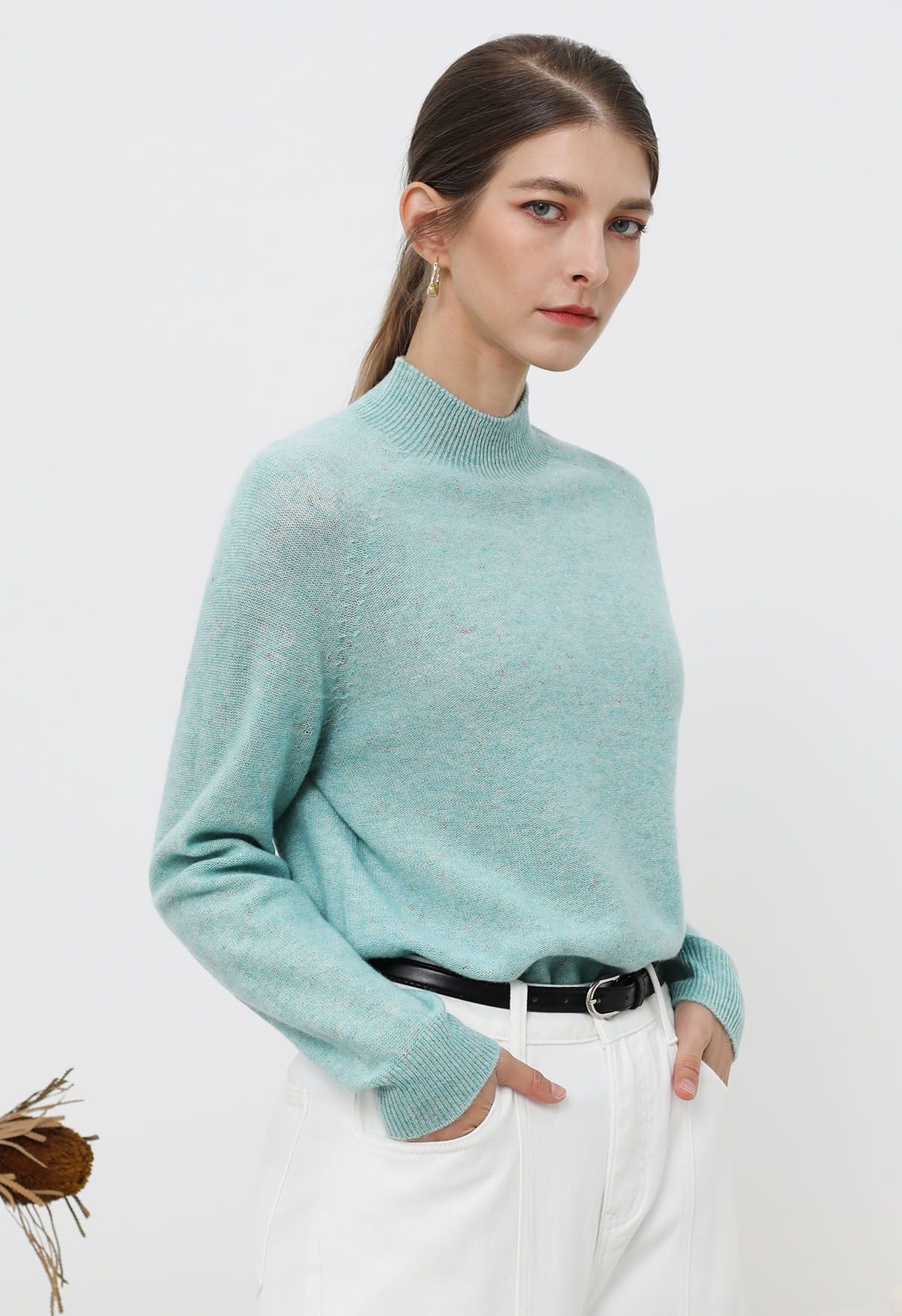 Integral Metallic Thread Mock Neck Wool Sweater in Mint