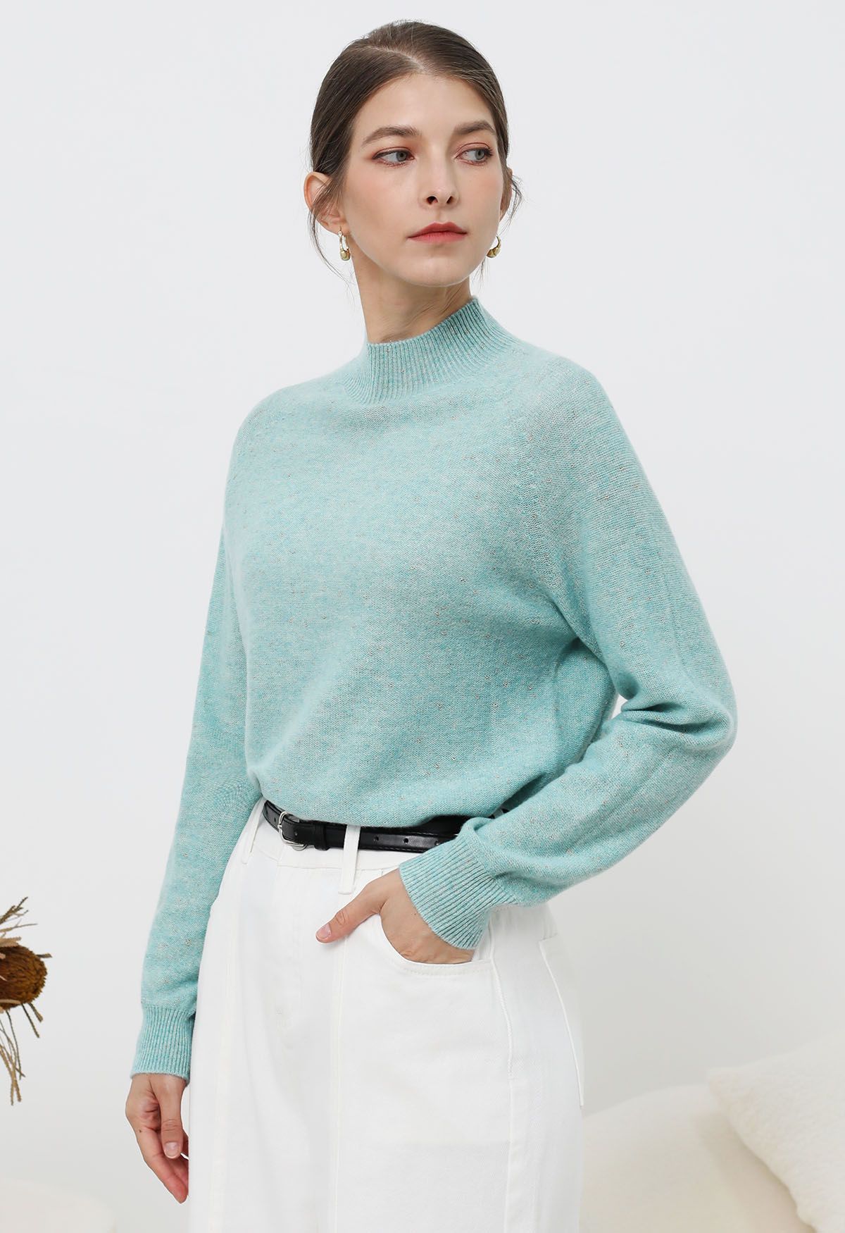 Integral Metallic Thread Mock Neck Wool Sweater in Mint