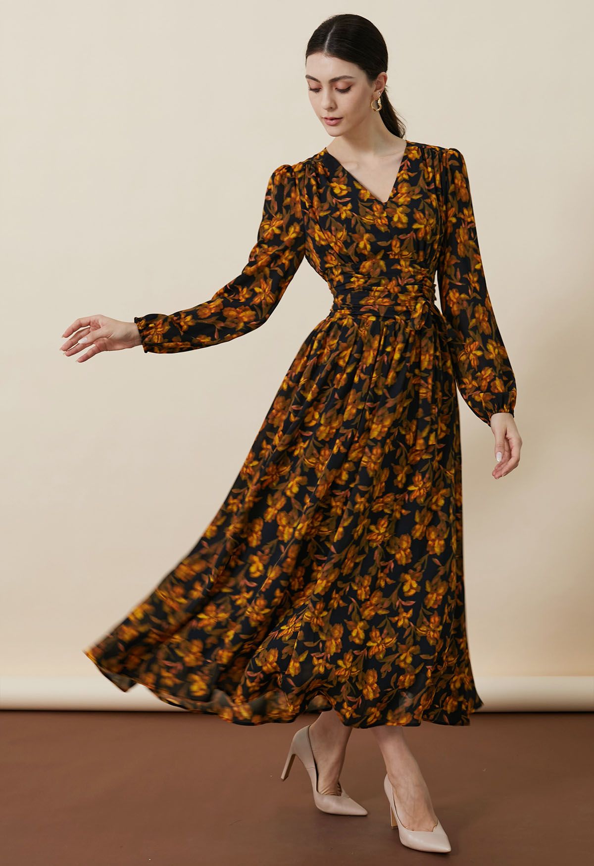 Floral Serenade V-Neck Chiffon Maxi Dress in Orange